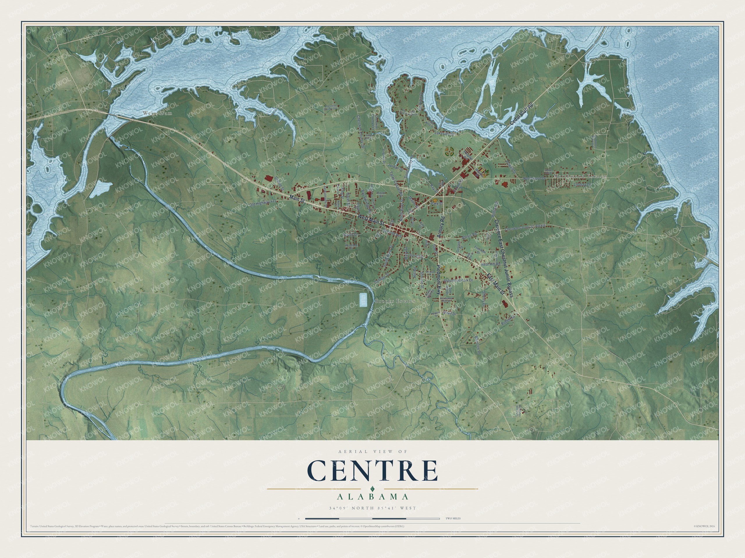 Full map of Centre, Alabama, with red buildings, printed street names and the land around them