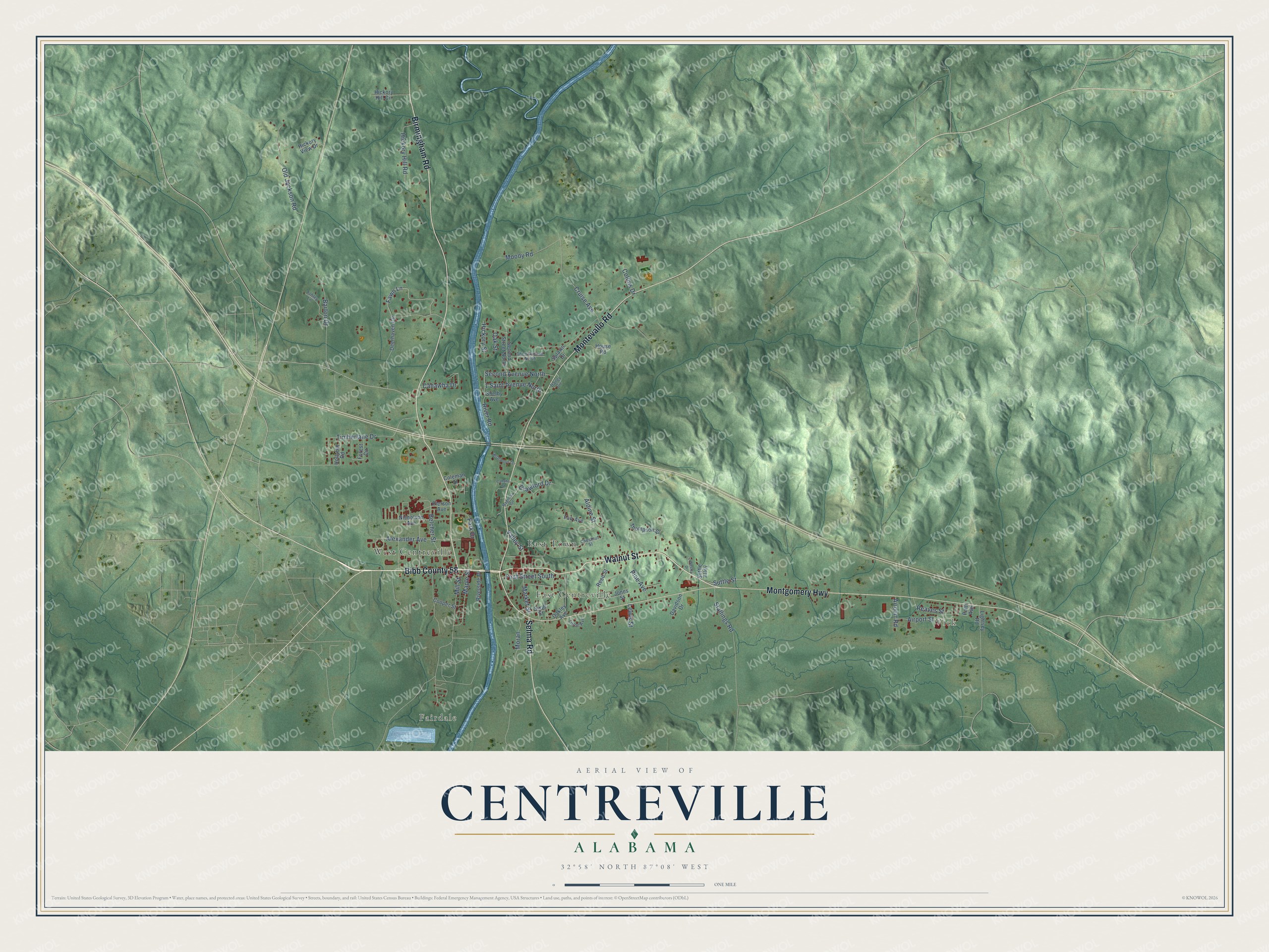 Full map of Centreville, Alabama, with red buildings, printed street names and the land around them