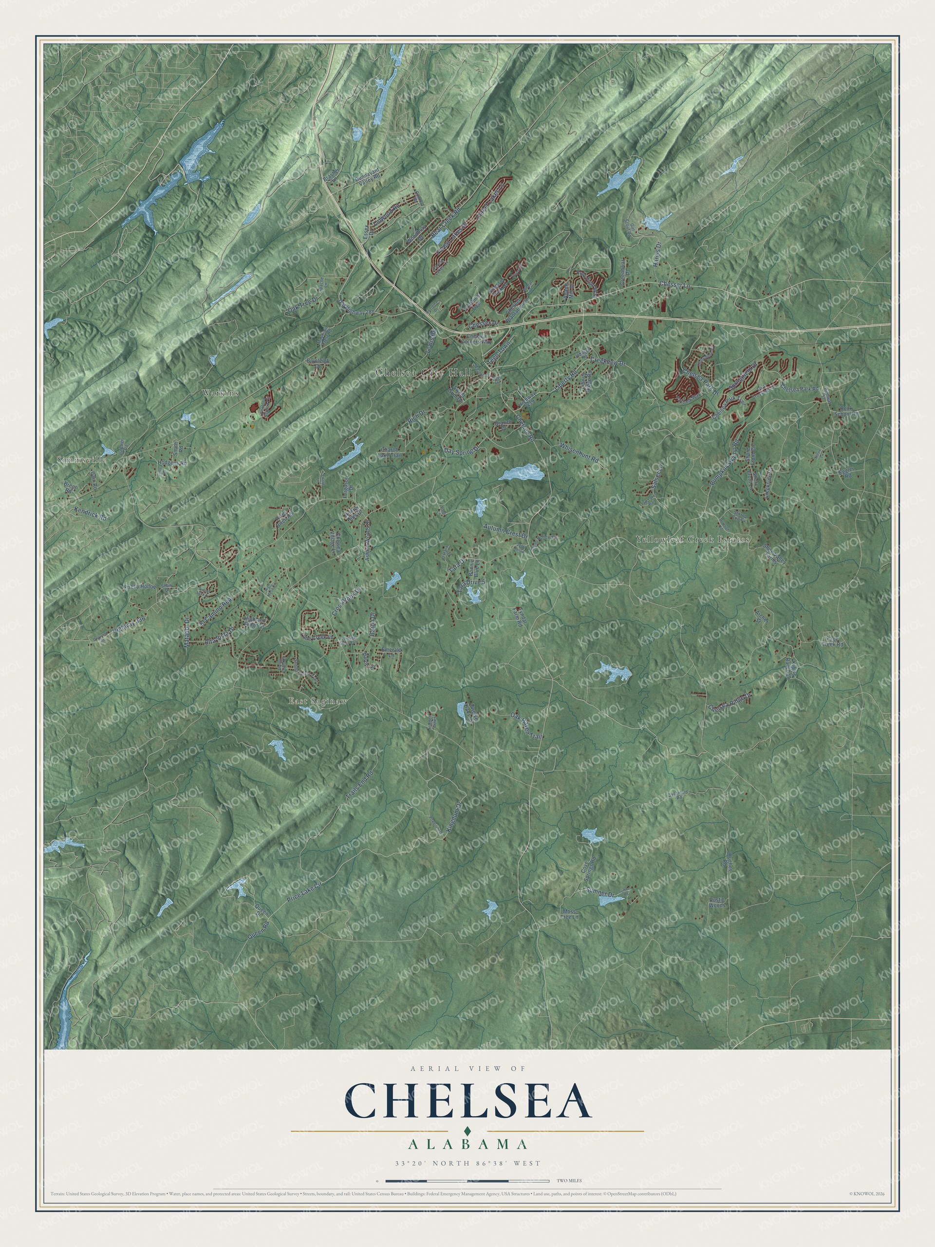 Full map of Chelsea, Alabama, with red buildings, printed street names and the land around them