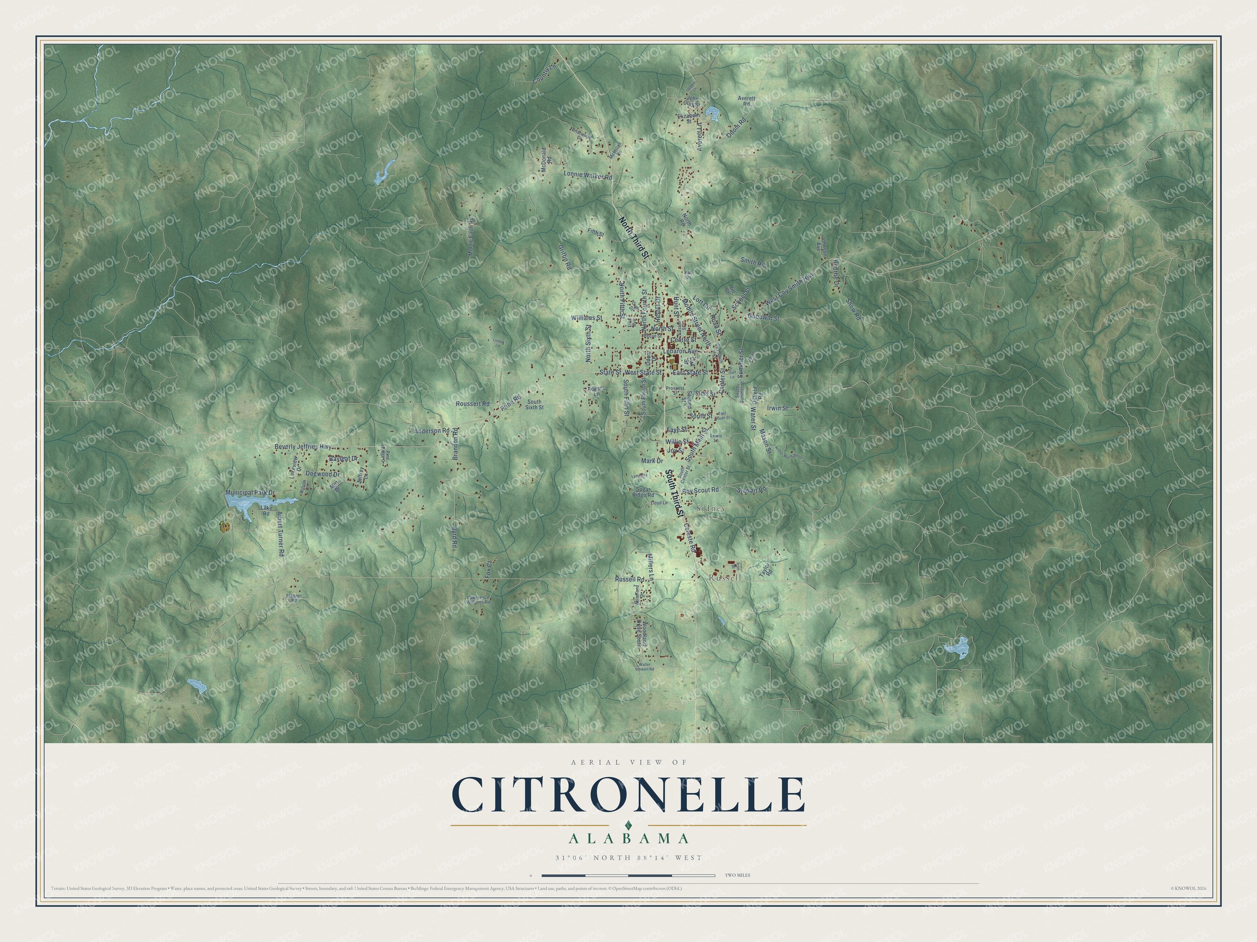 Full map of Citronelle, Alabama, with red buildings, printed street names and the land around them