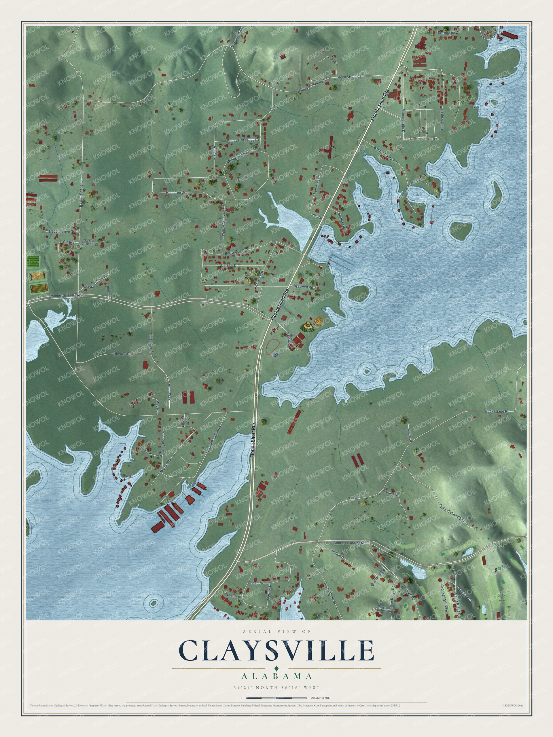 Full map of Claysville, Alabama, with red buildings, printed street names and the land around them