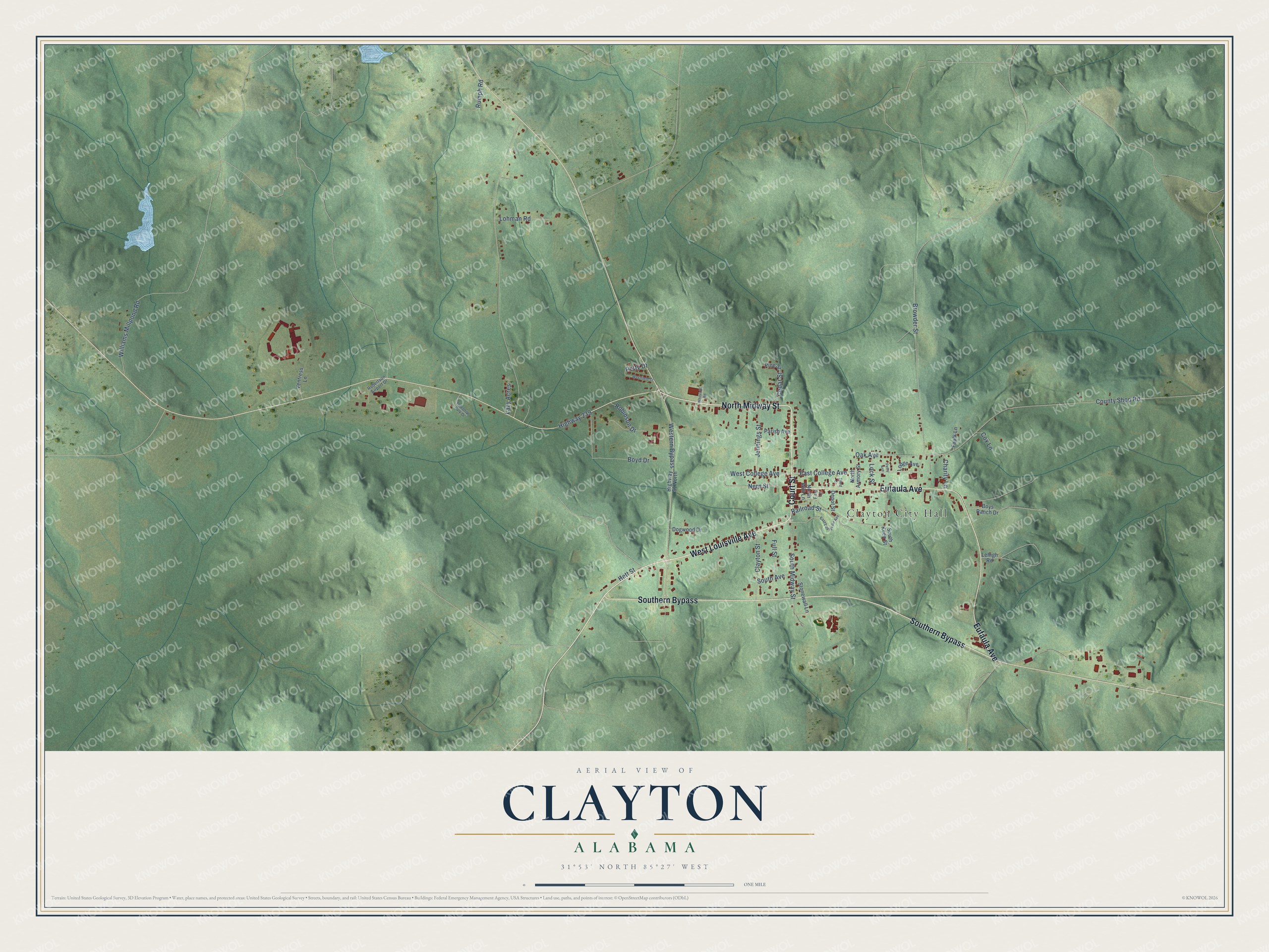 Full map of Clayton, Alabama, with red buildings, printed street names and the land around them