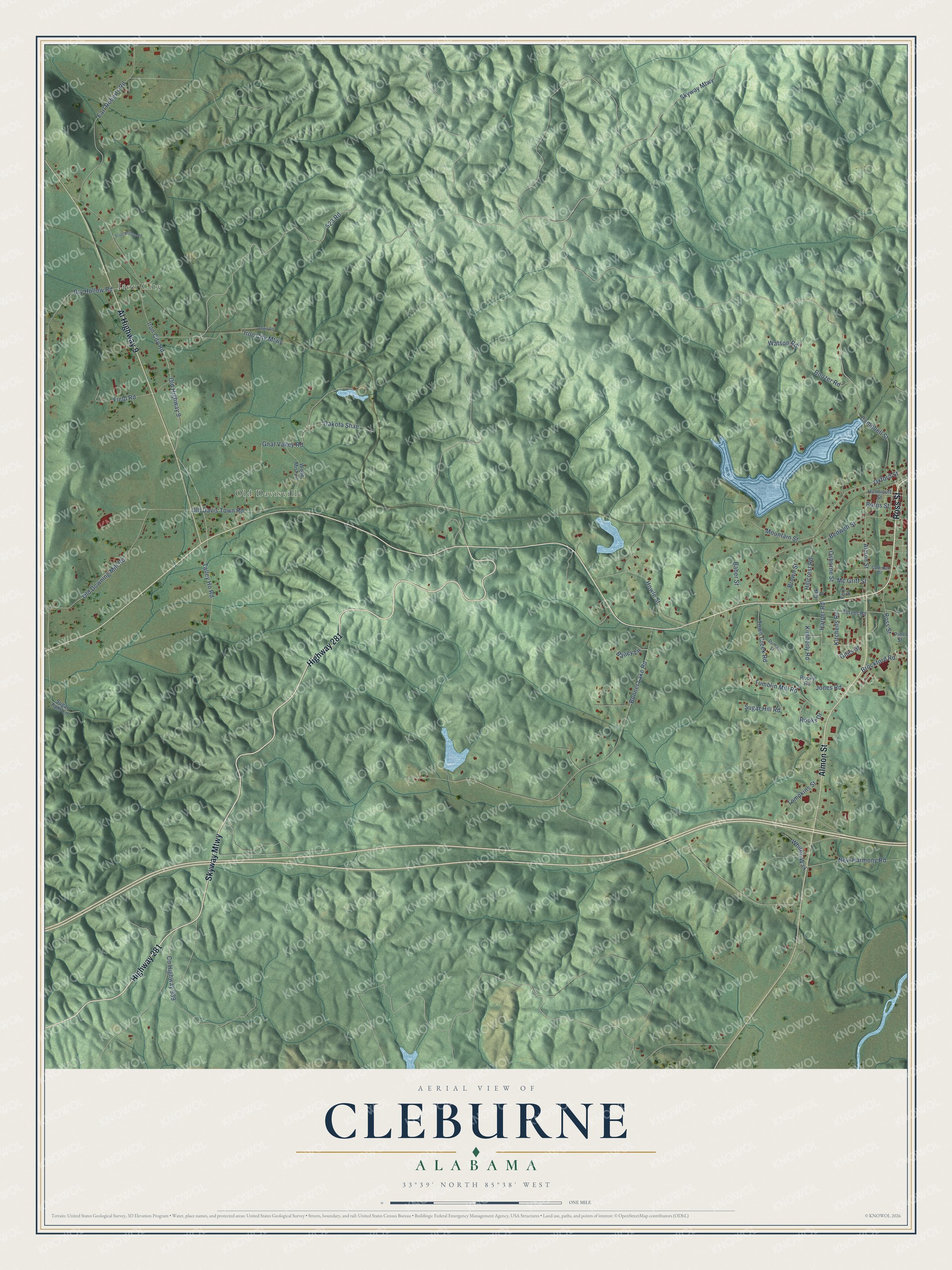 Full map of Cleburne, Alabama, with red buildings, printed street names and the land around them