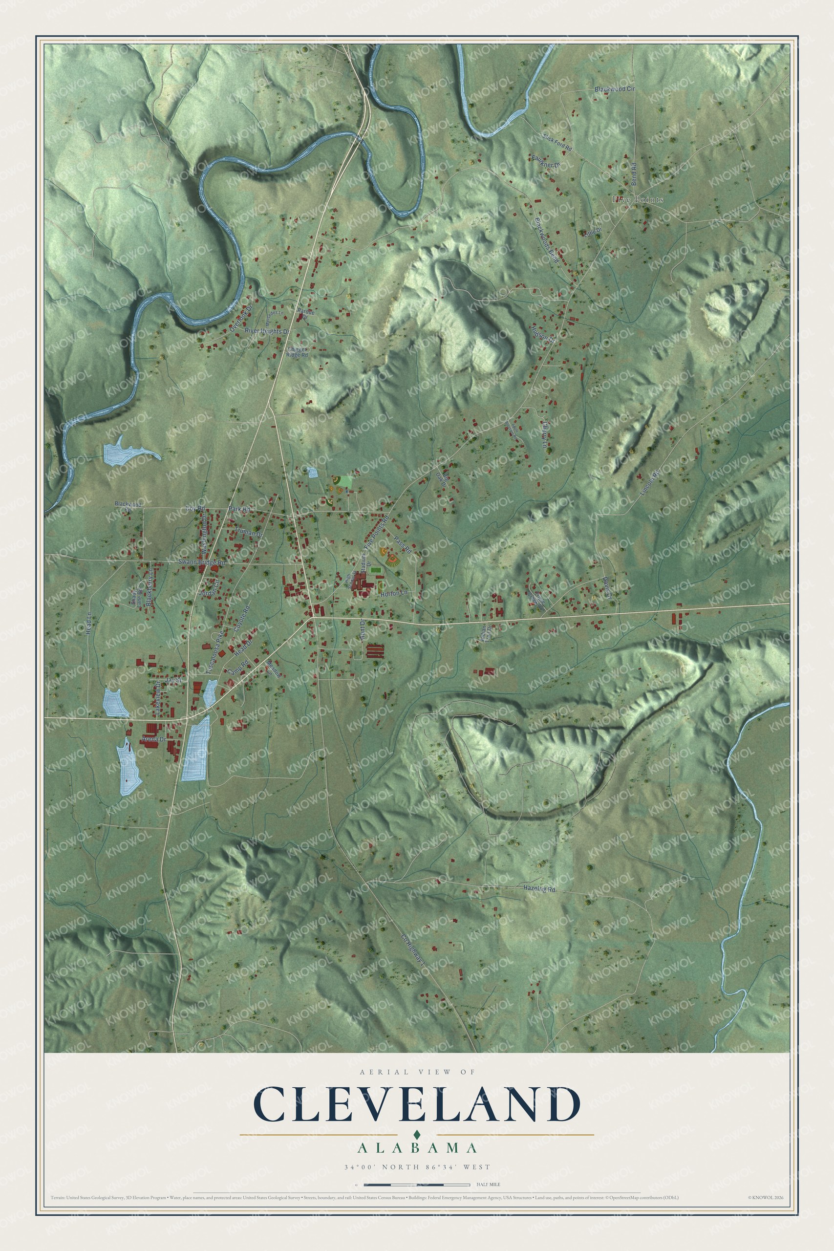 Watermarked full-map preview of Cleveland, Alabama
