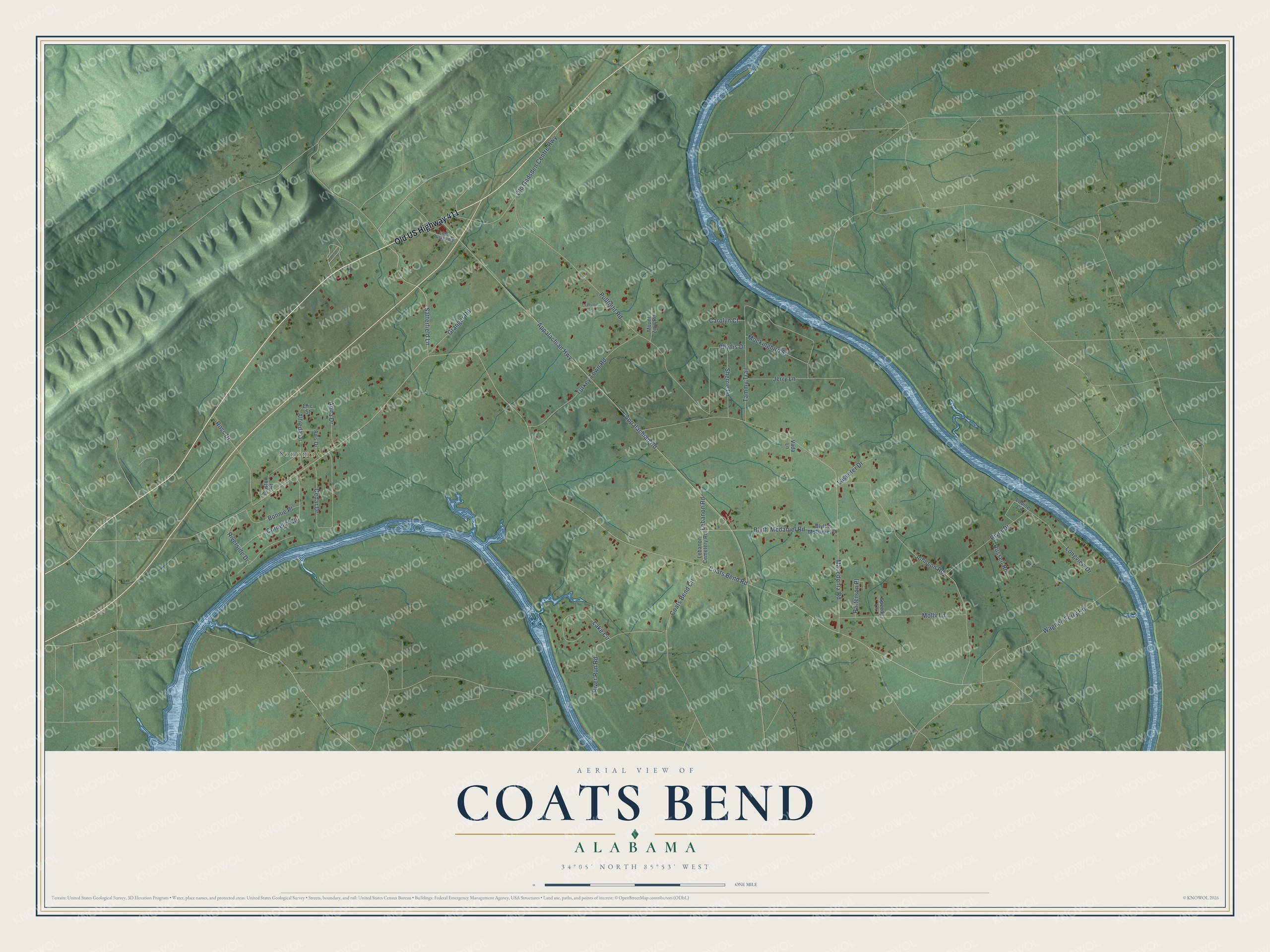 Full map of Coats Bend, Alabama, with red buildings, printed street names and the land around them
