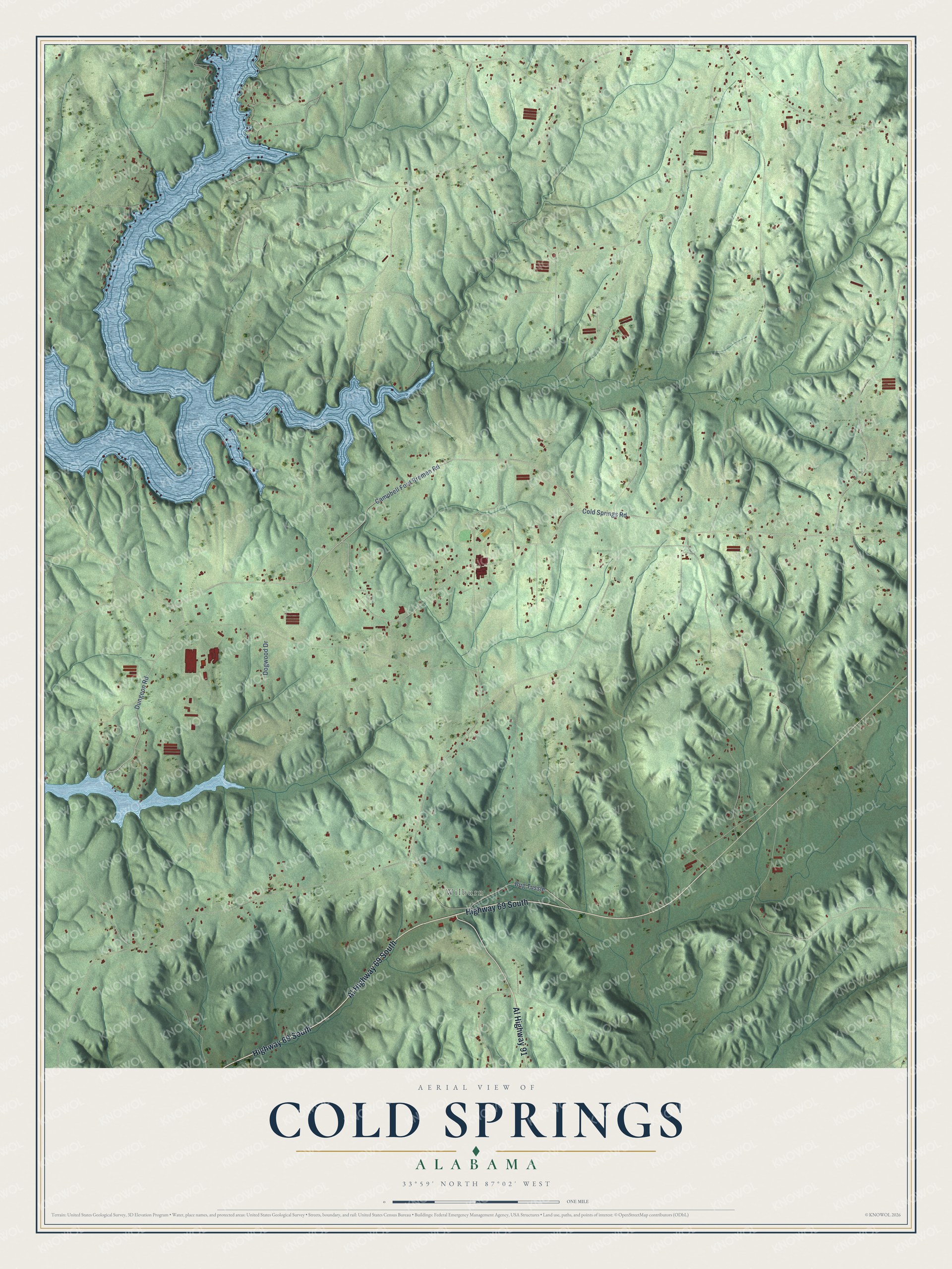 Full map of Cold Springs, Alabama, with red buildings, printed street names and the land around them