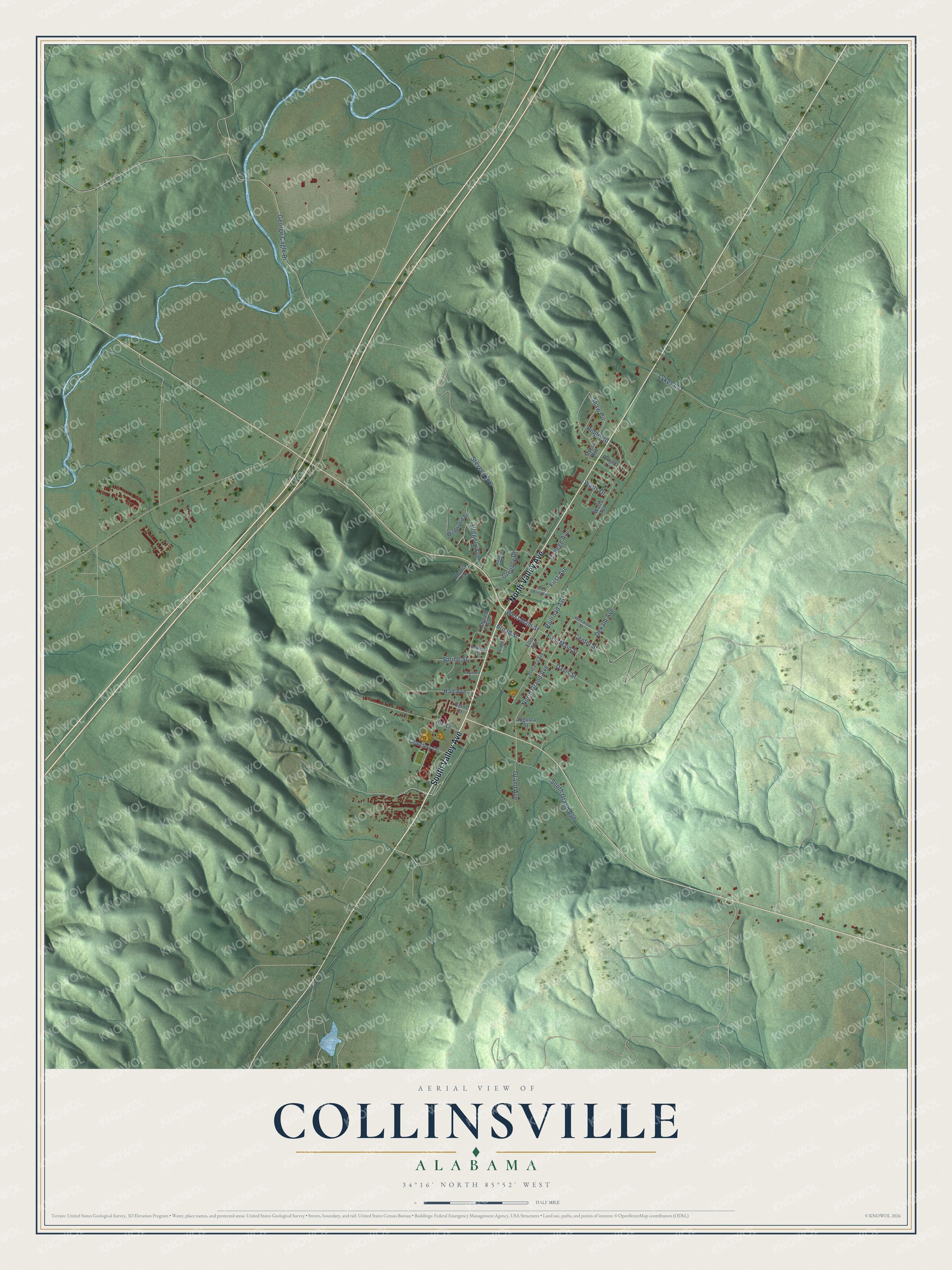 Full map of Collinsville, Alabama, with red buildings, printed street names and the land around them
