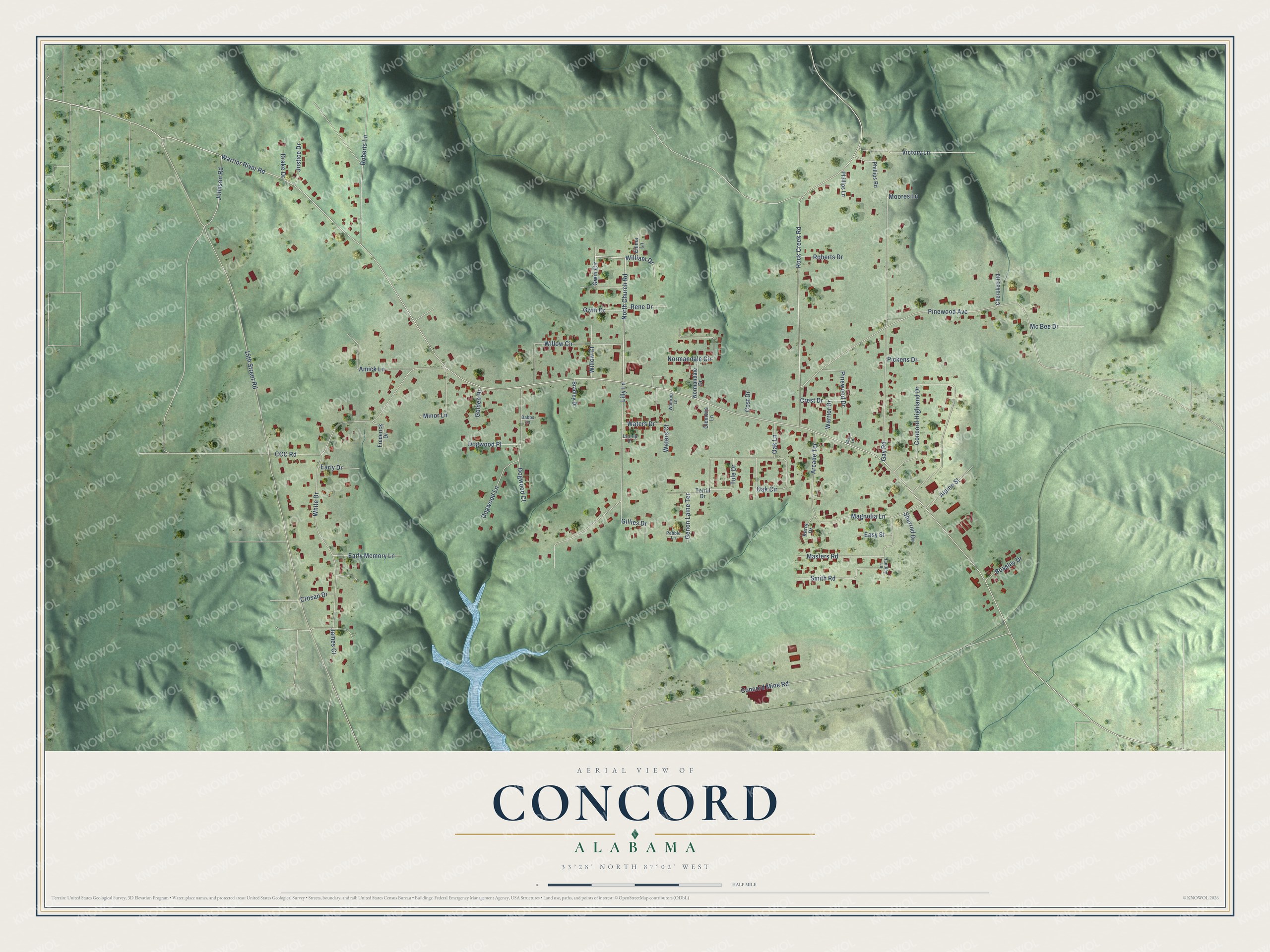 Full map of Concord, Alabama, with red buildings, printed street names and the land around them
