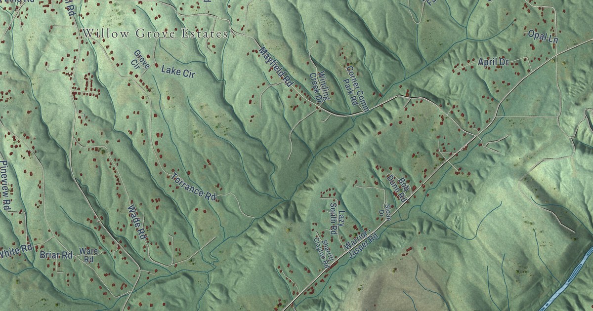 Close-up of streets and buildings in Corner, Alabama