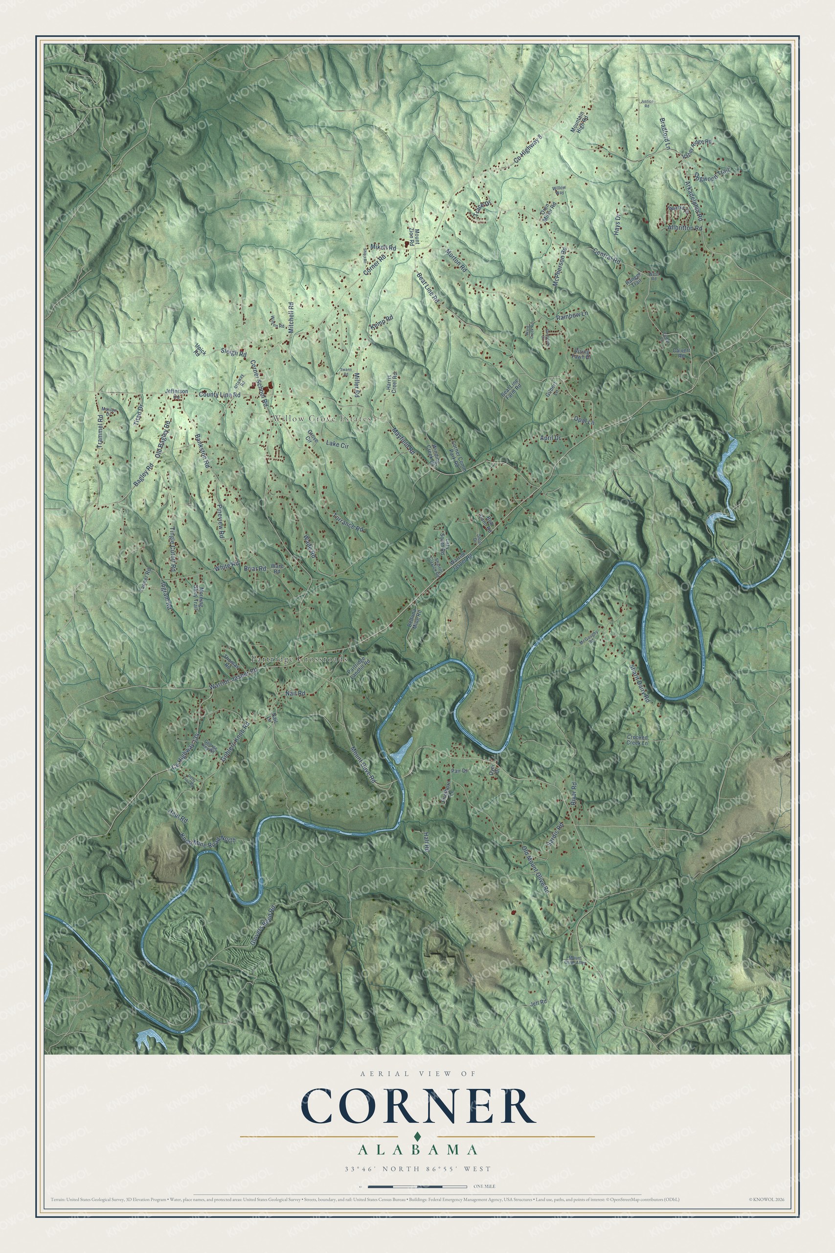 Full map of Corner, Alabama, with red buildings, printed street names and the land around them