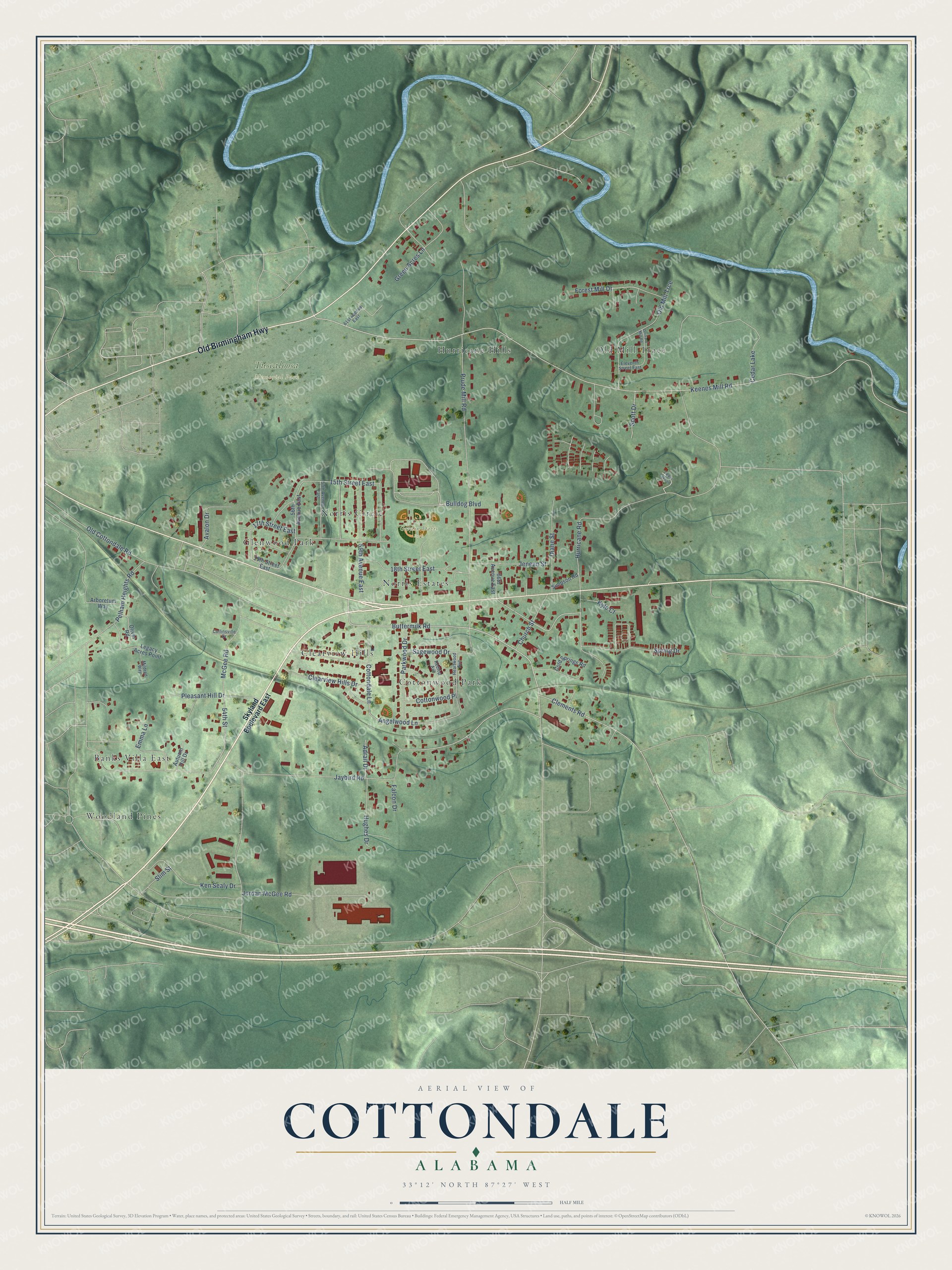 Full map of Cottondale, Alabama, with red buildings, printed street names and the land around them