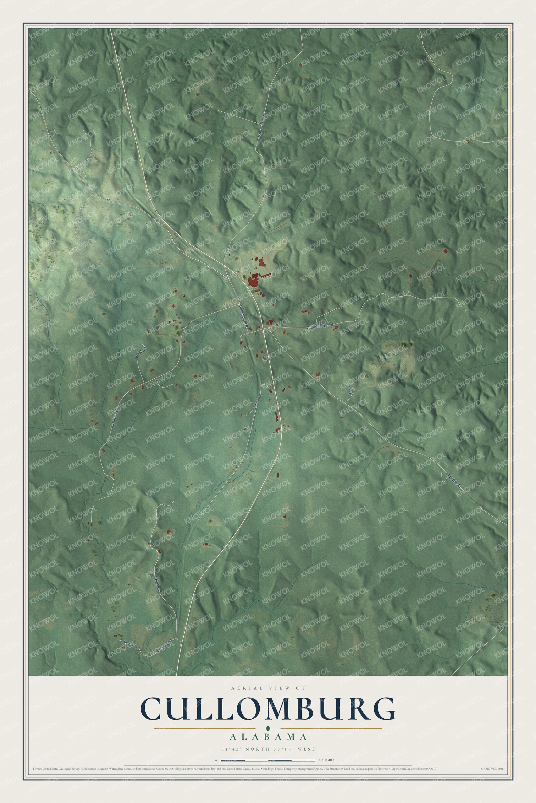Full map of Cullomburg, Alabama, with red buildings, printed street names and the land around them