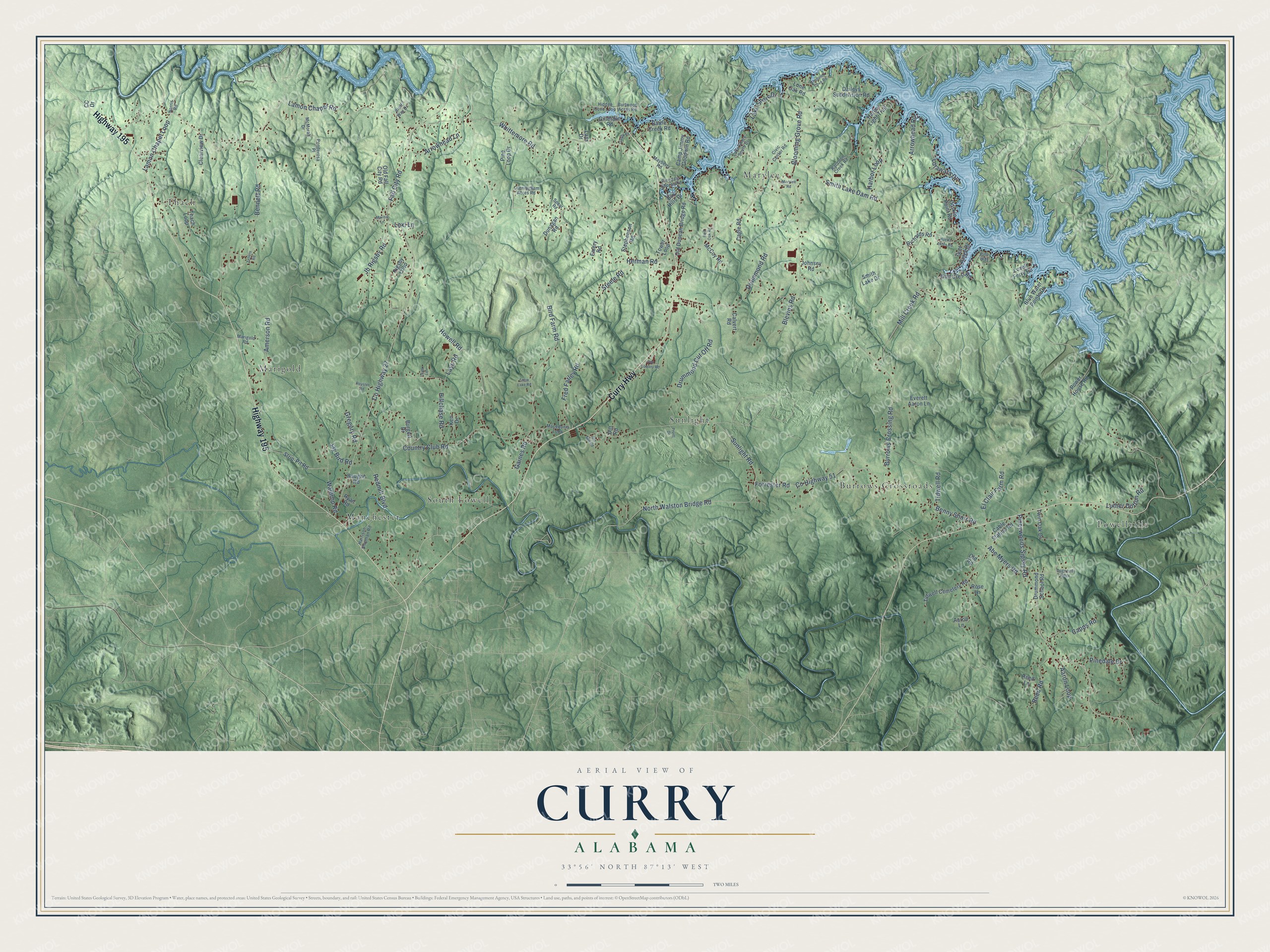 Full map of Curry, Alabama, with red buildings, printed street names and the land around them