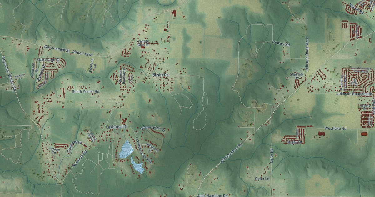 Close-up of streets and buildings in Dawes, Alabama