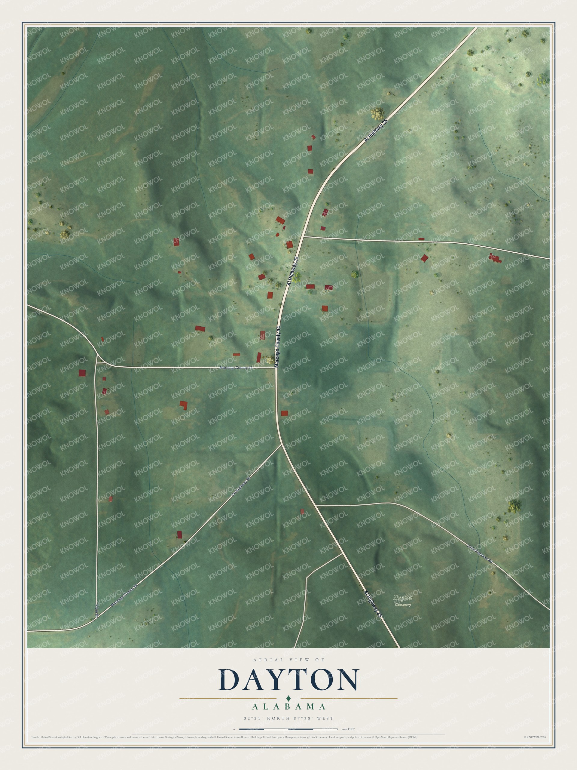 Full map of Dayton, Alabama, with red buildings, printed street names and the land around them
