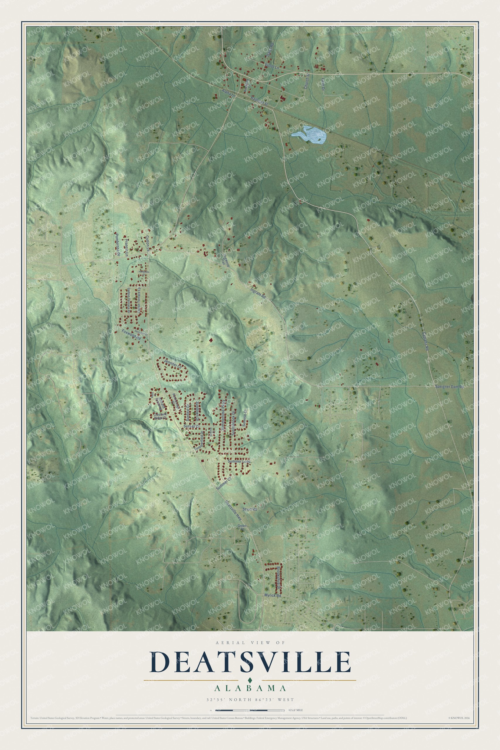 Full map of Deatsville, Alabama, with red buildings, printed street names and the land around them