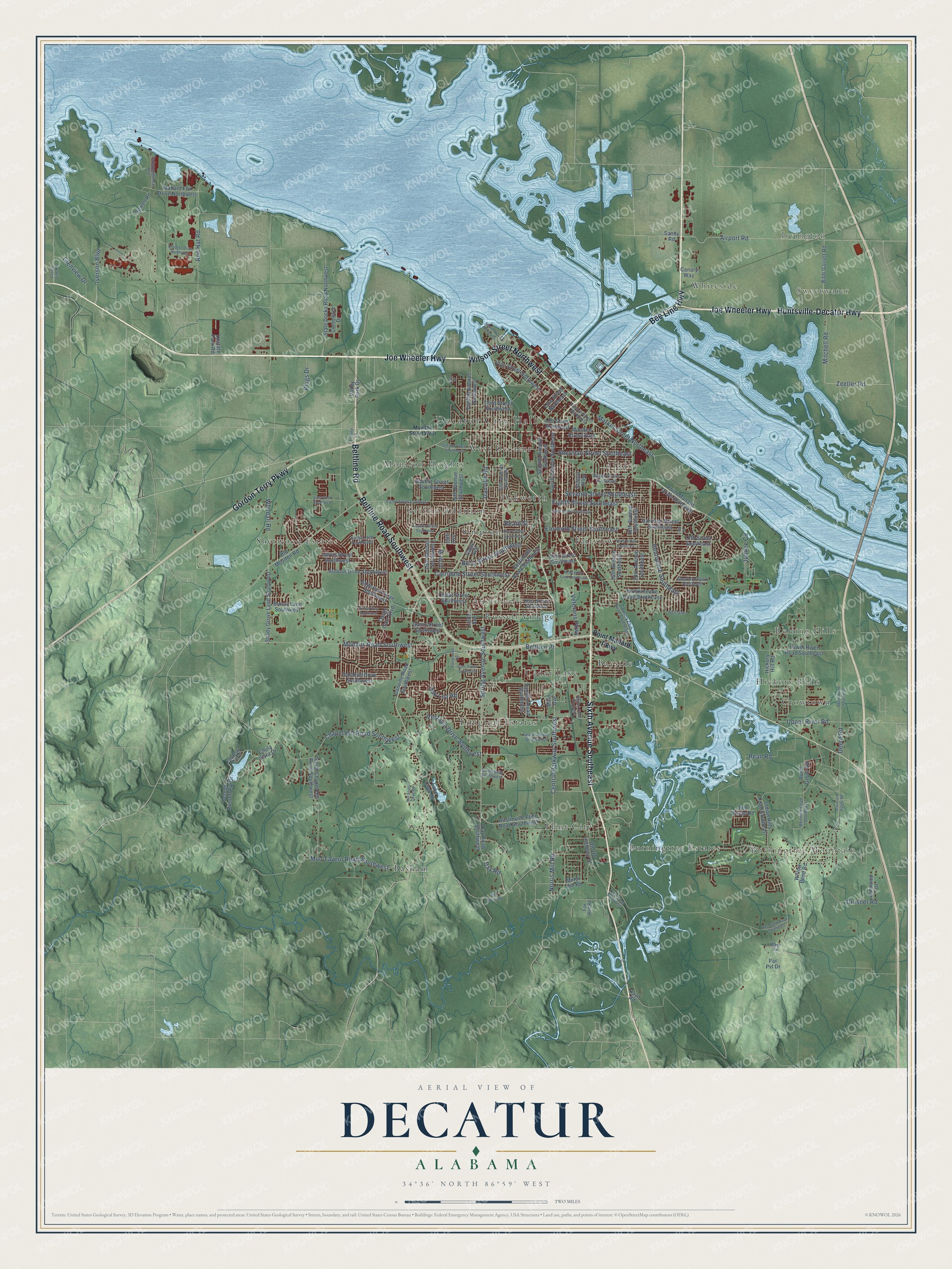 Full map of Decatur, Alabama, with red buildings, printed street names and the land around them