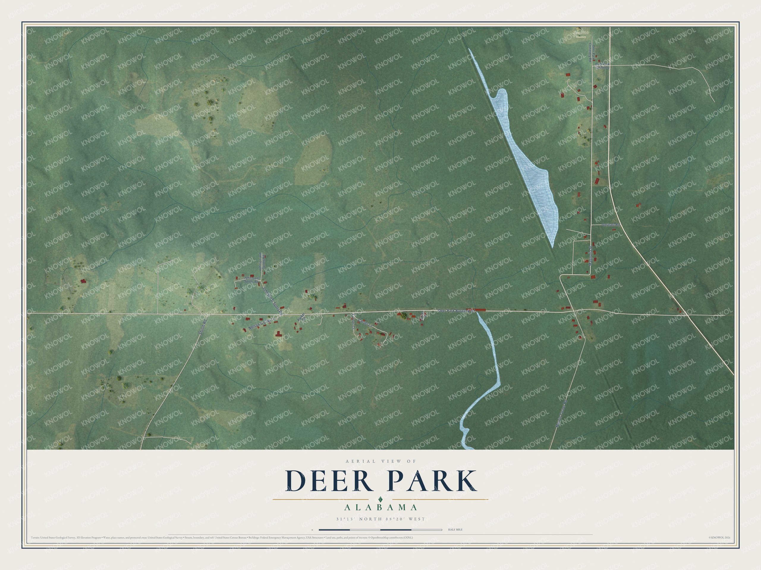 Full map of Deer Park, Alabama, with red buildings, printed street names and the land around them