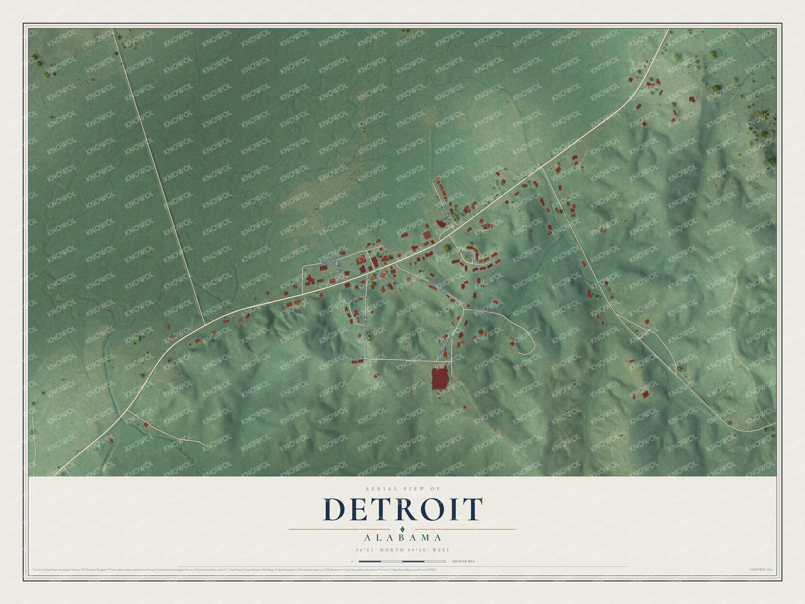 Full map of Detroit, Alabama, with red buildings, printed street names and the land around them