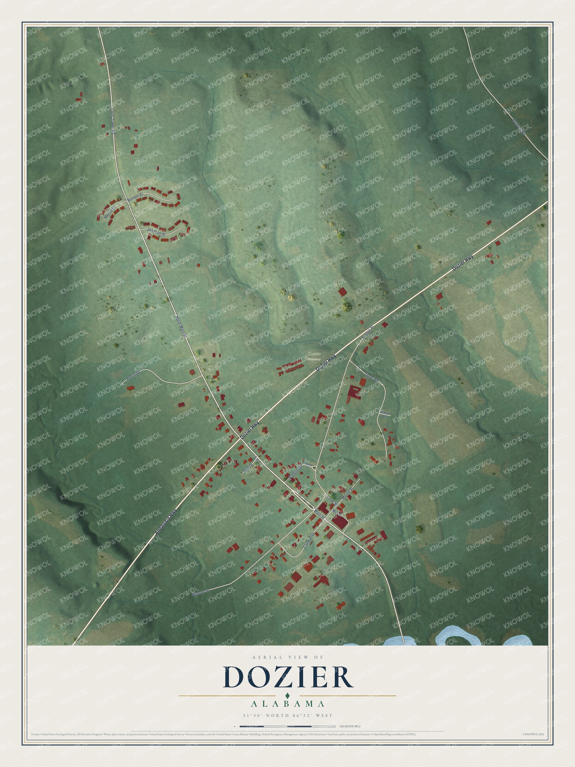 Full map of Dozier, Alabama, with red buildings, printed street names and the land around them