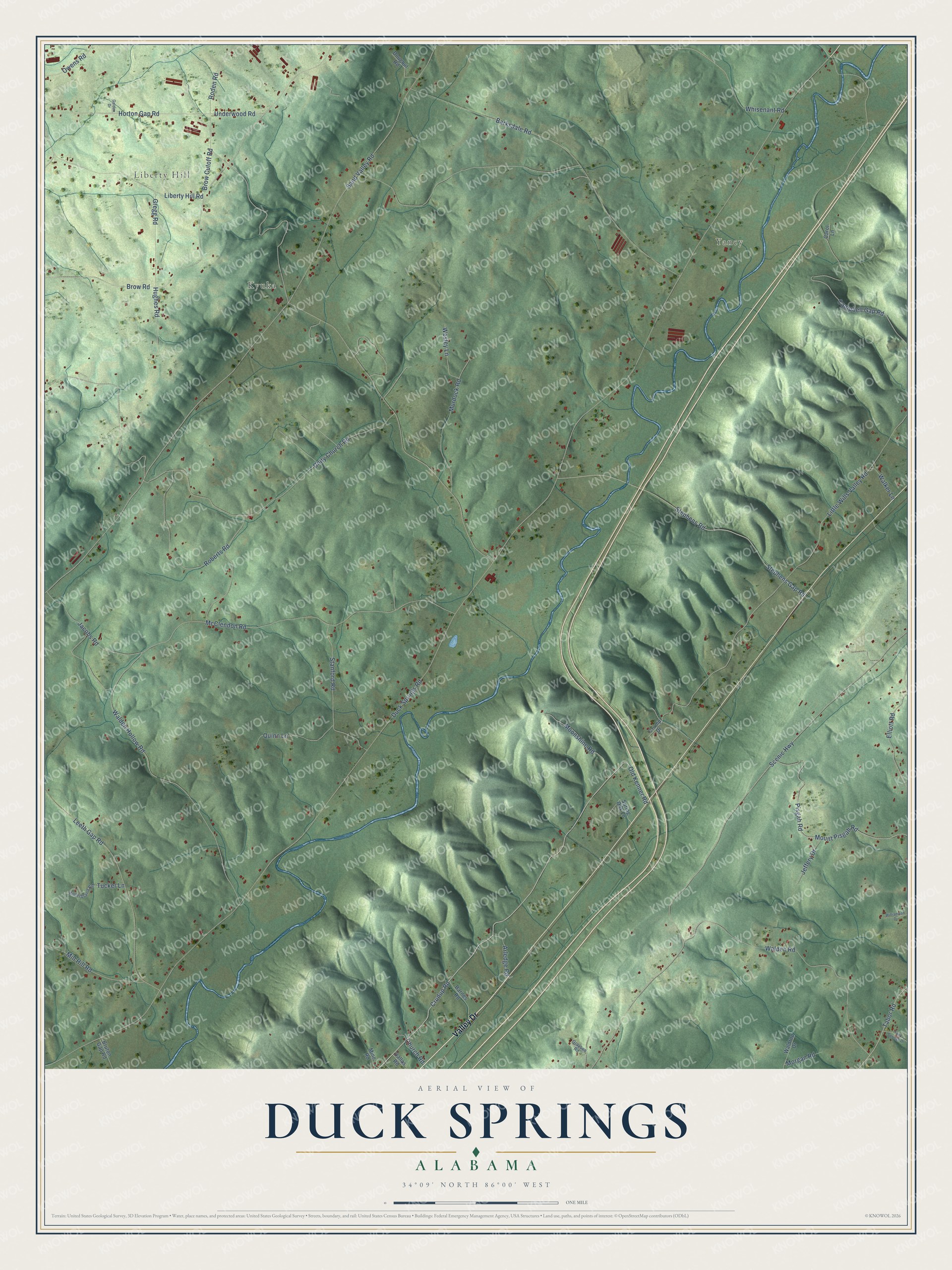 Full map of Duck Springs, Alabama, with red buildings, printed street names and the land around them