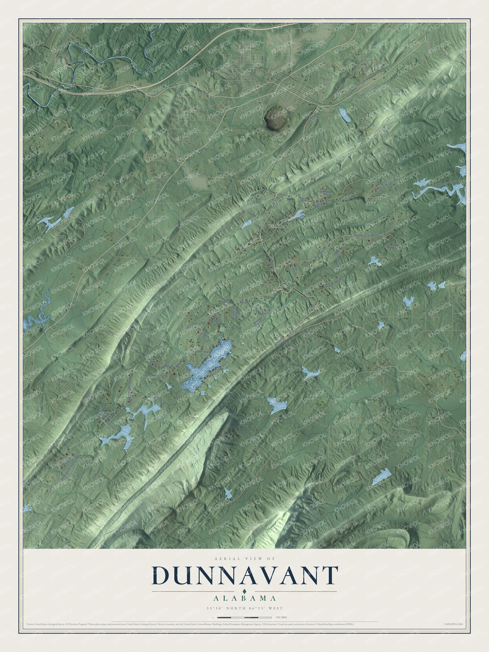 Full map of Dunnavant, Alabama, with red buildings, printed street names and the land around them