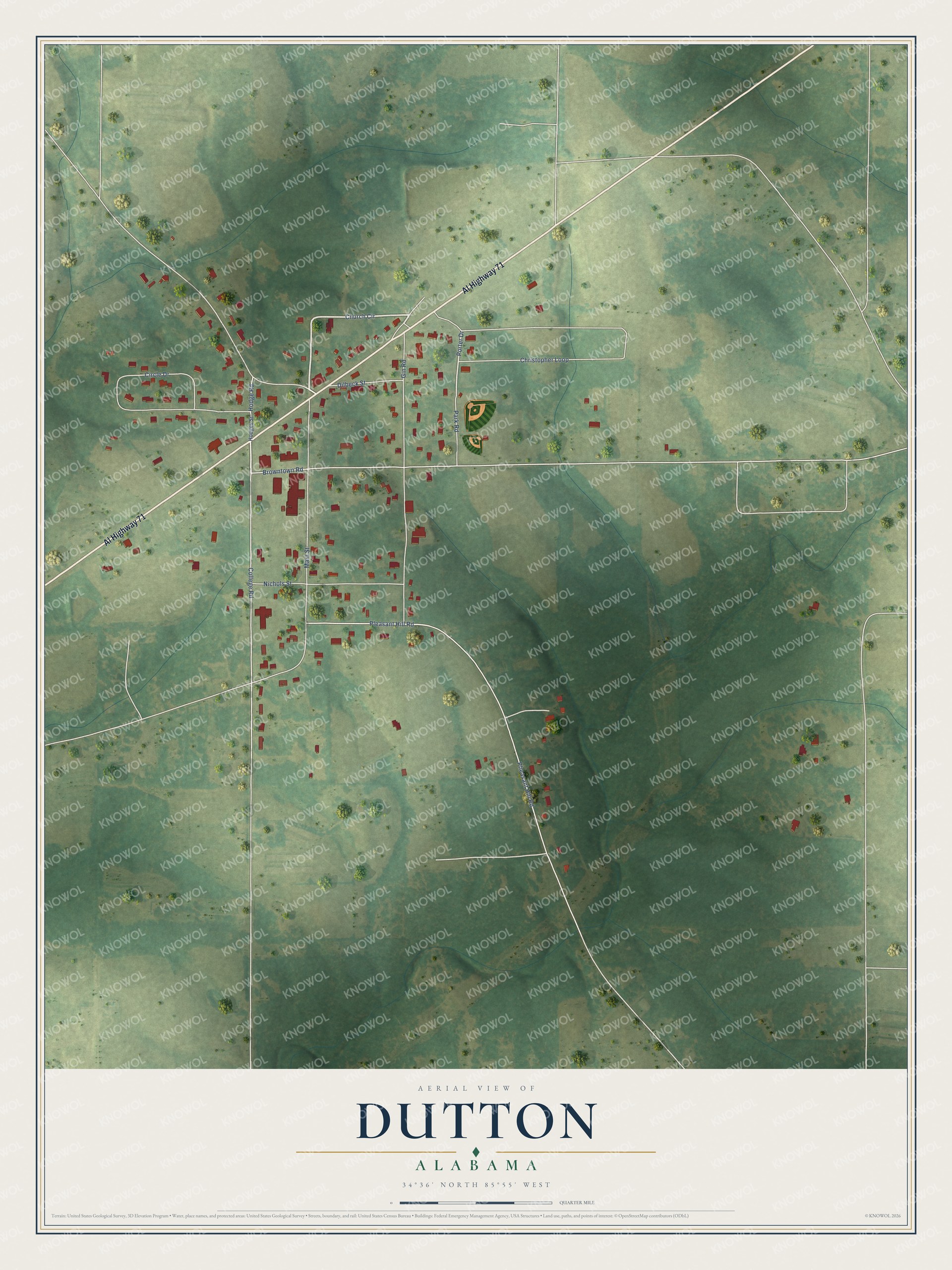 Full map of Dutton, Alabama, with red buildings, printed street names and the land around them