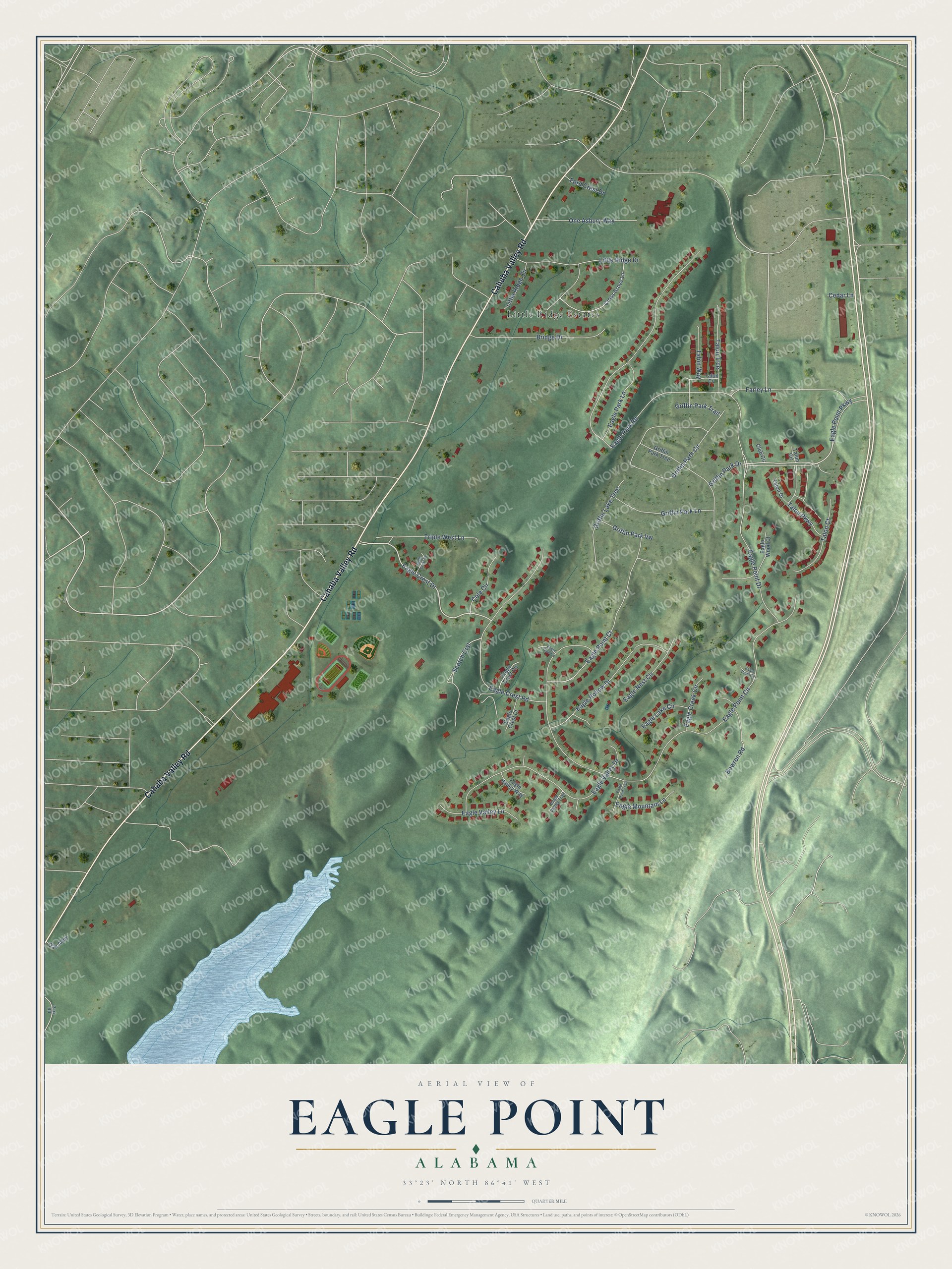 Full map of Eagle Point, Alabama, with red buildings, printed street names and the land around them