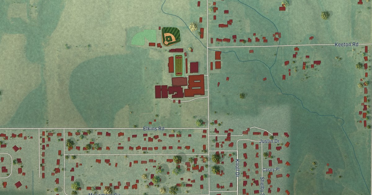 Close-up of streets and buildings in East Limestone, Alabama