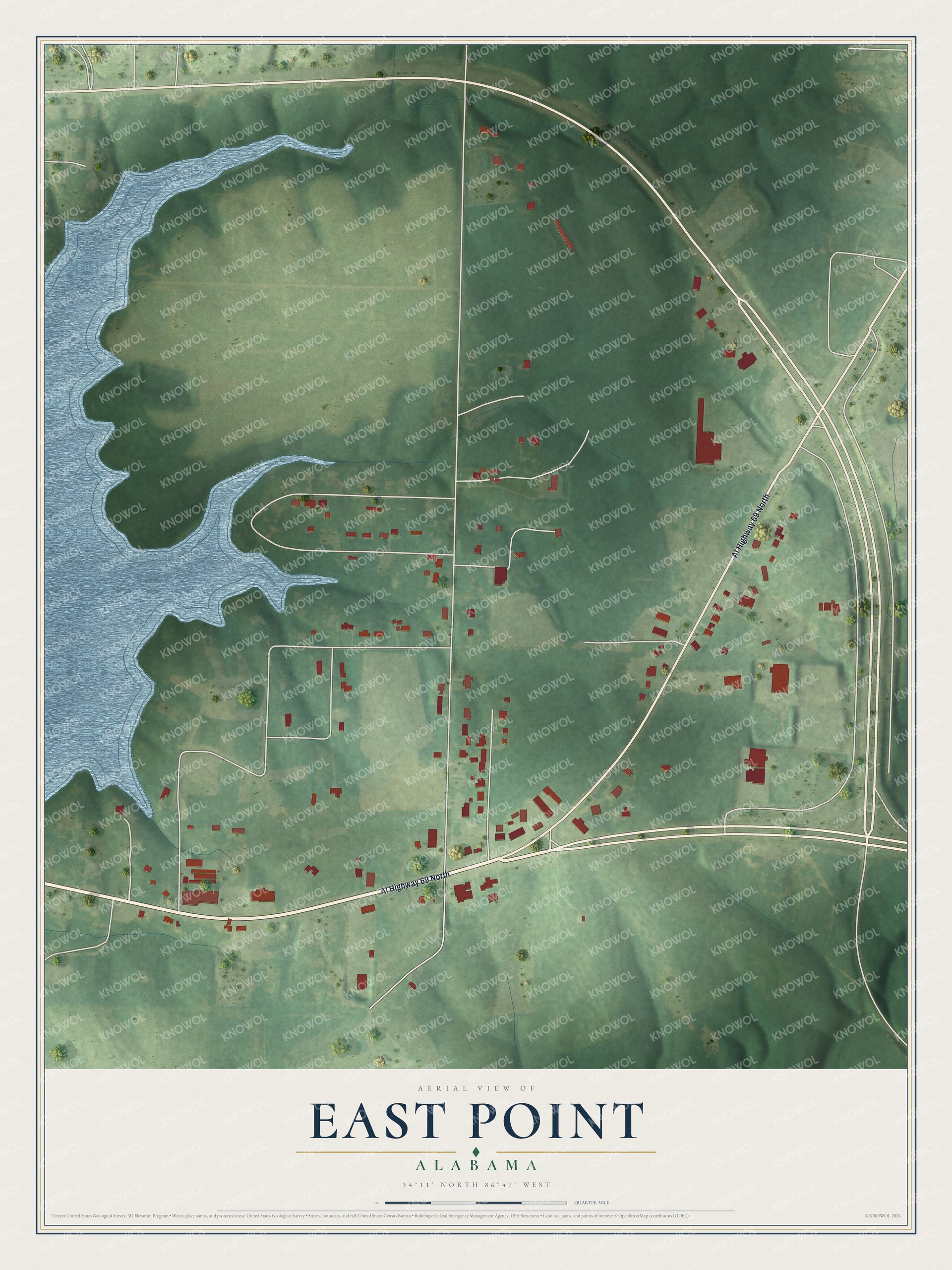 Full map of East Point, Alabama, with red buildings, printed street names and the land around them