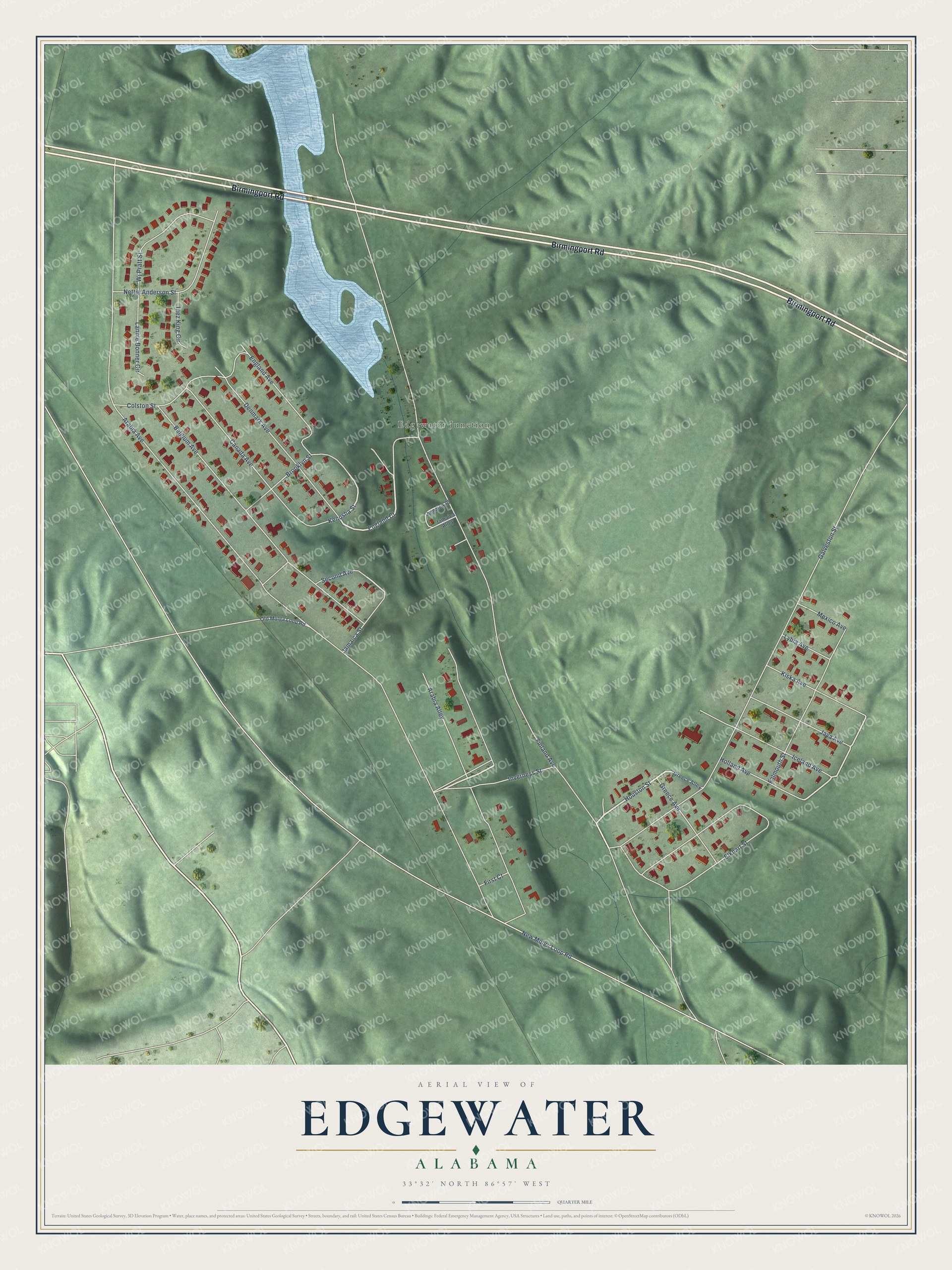 Full map of Edgewater, Alabama, with red buildings, printed street names and the land around them