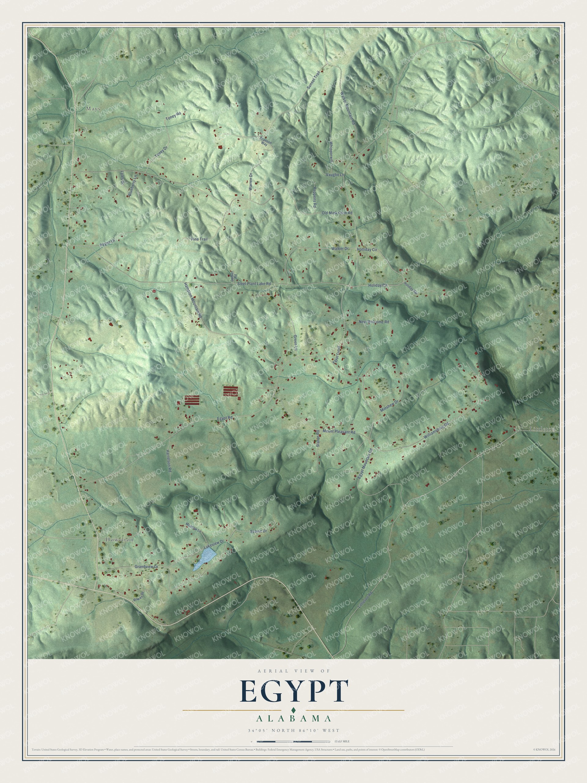 Full map of Egypt, Alabama, with red buildings, printed street names and the land around them