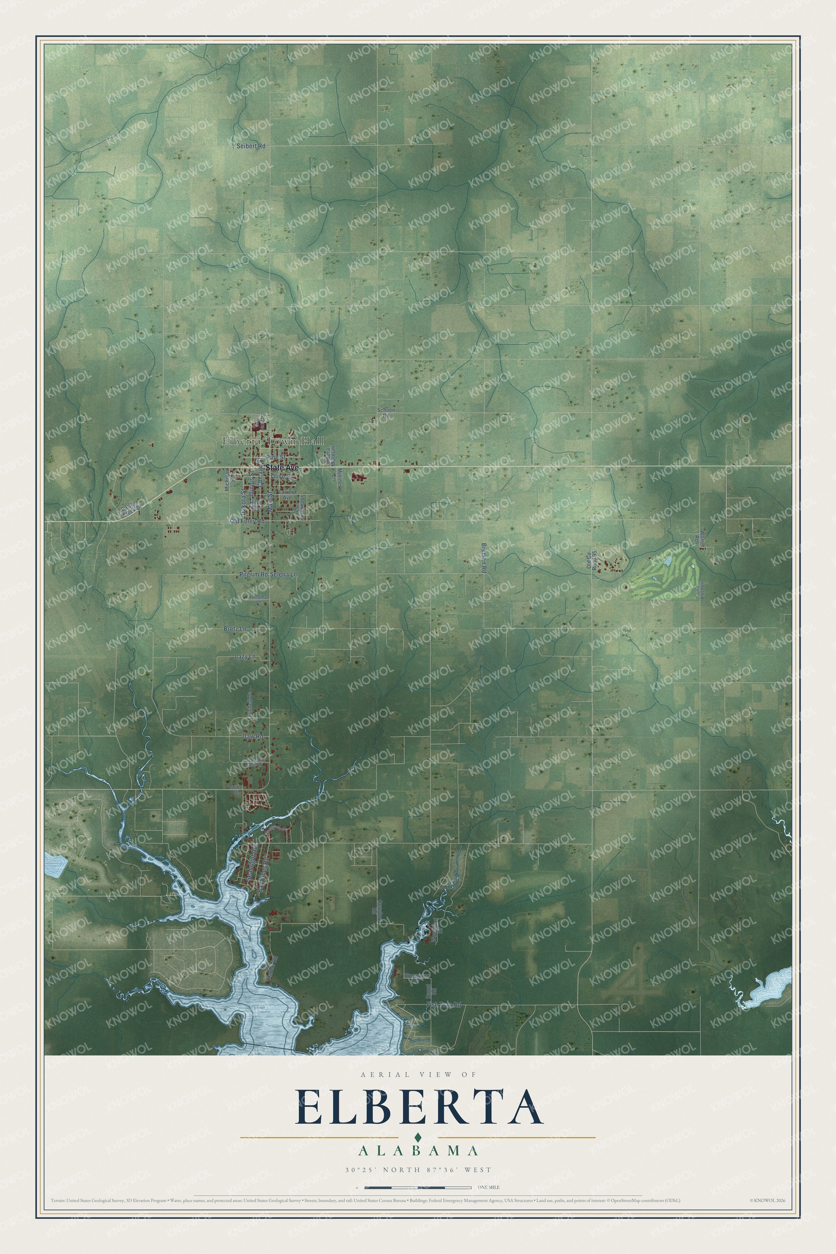 Full map of Elberta, Alabama, with red buildings, printed street names and the land around them