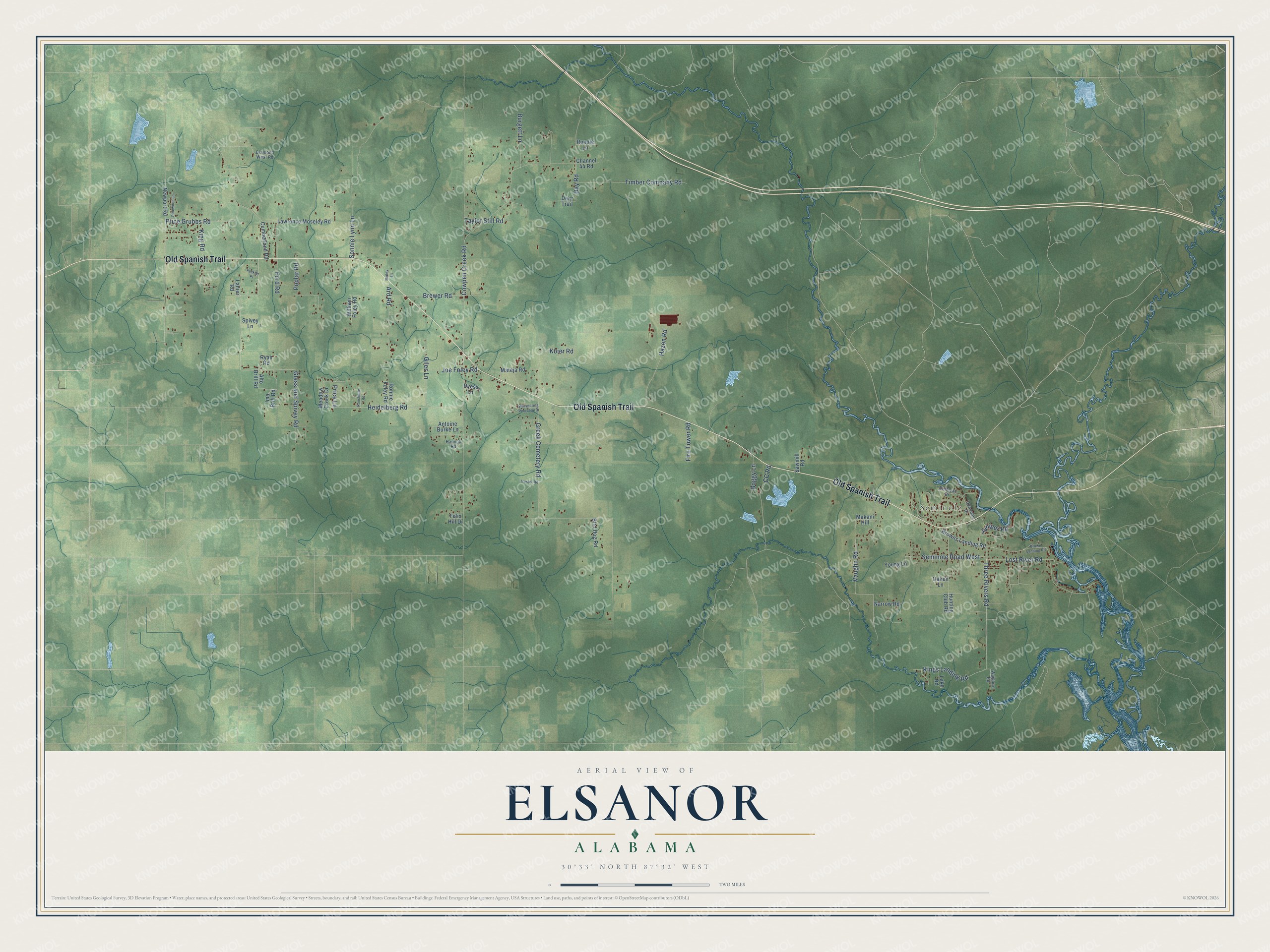 Full map of Elsanor, Alabama, with red buildings, printed street names and the land around them