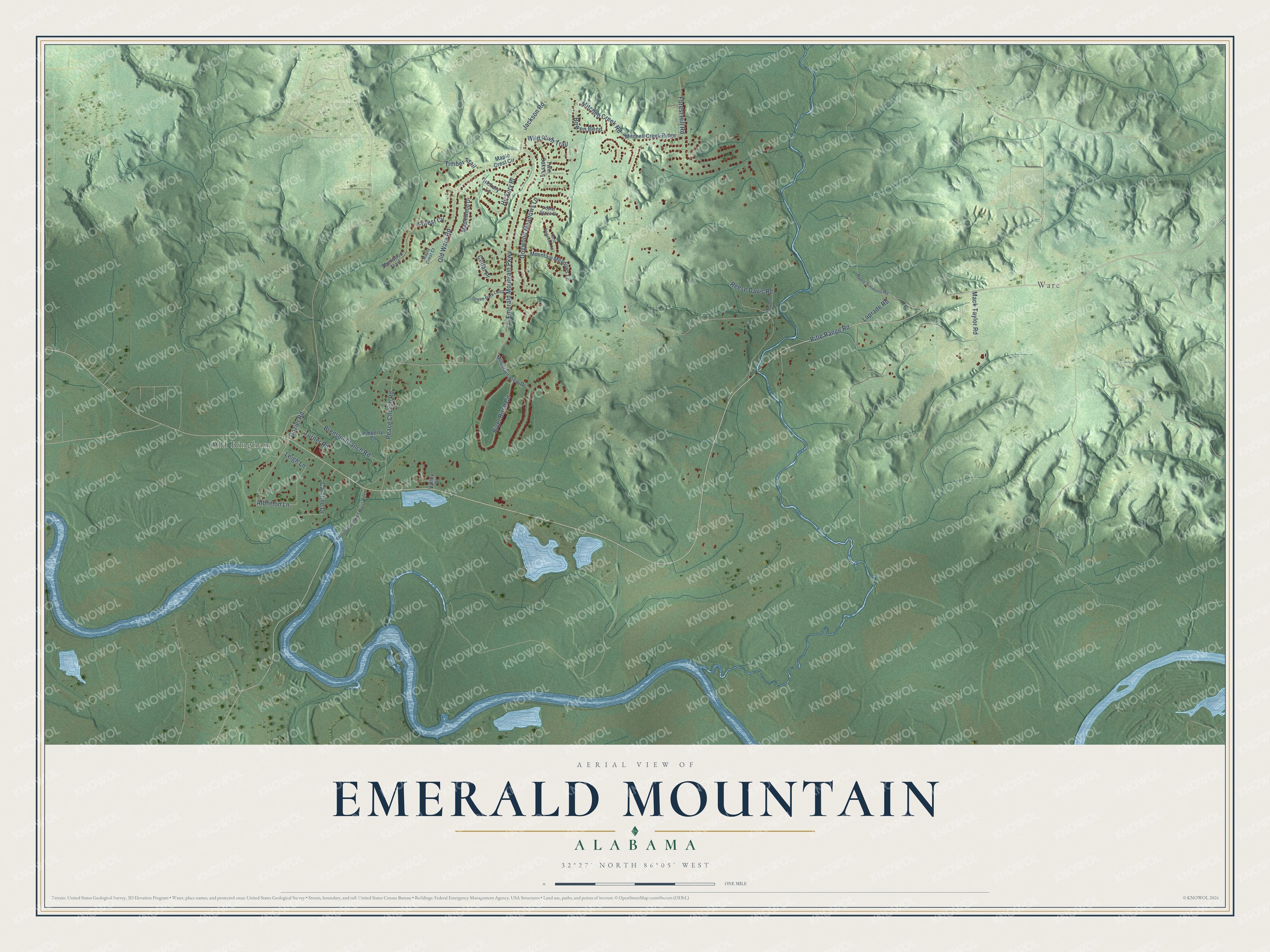 Full map of Emerald Mountain, Alabama, with red buildings, printed street names and the land around them