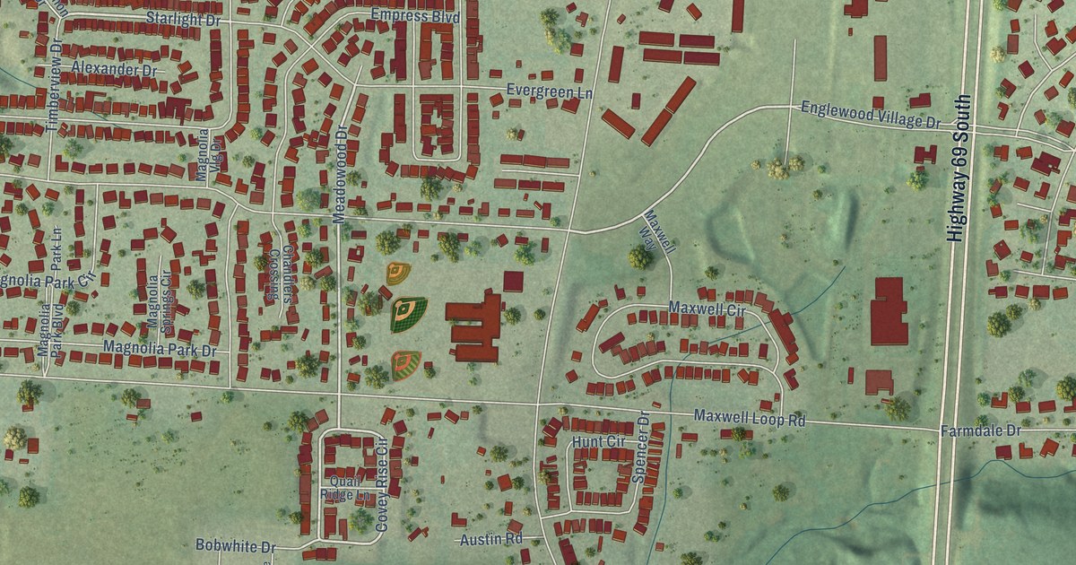Close-up of streets and buildings in Englewood, Alabama
