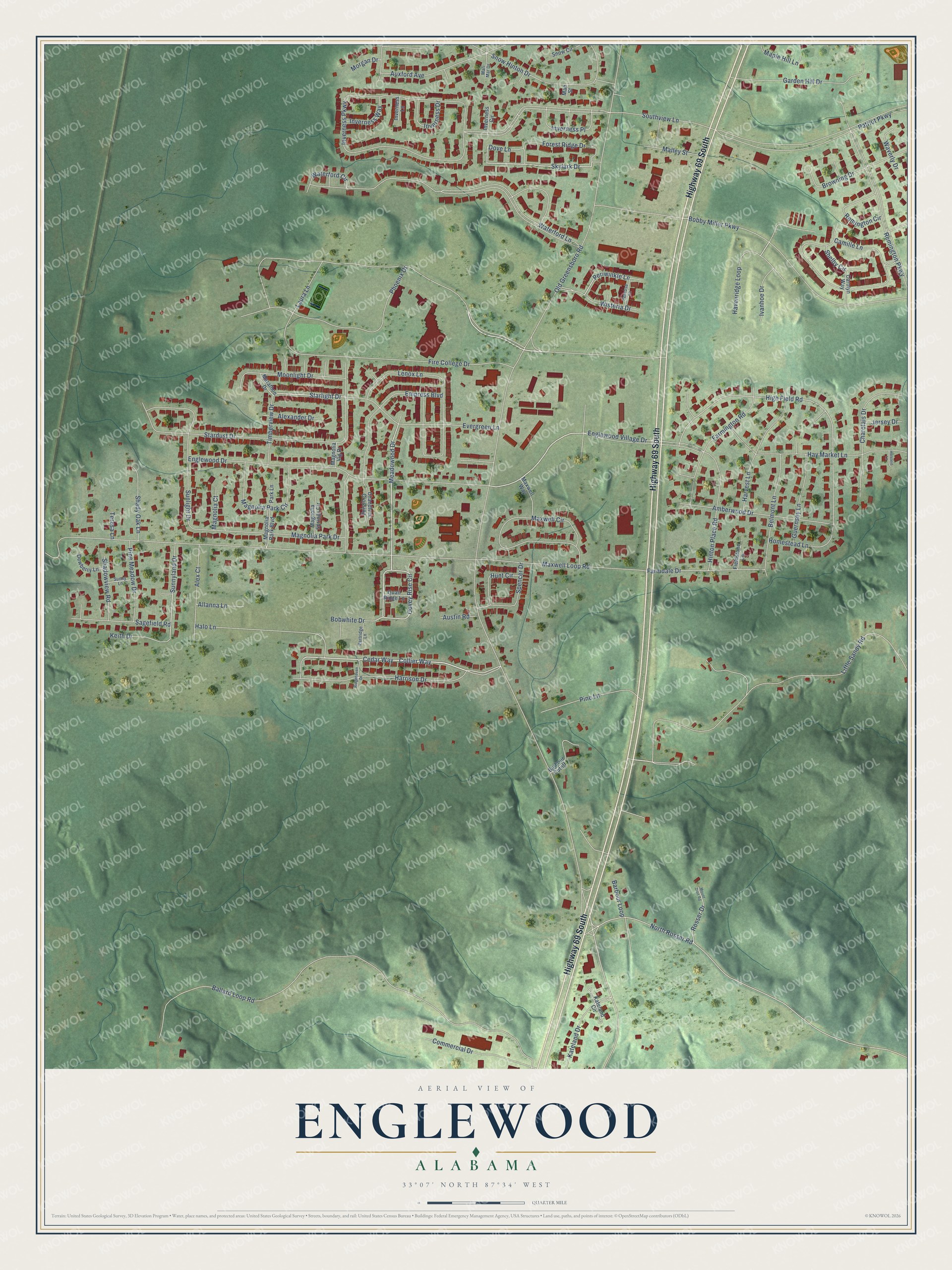 Full map of Englewood, Alabama, with red buildings, printed street names and the land around them