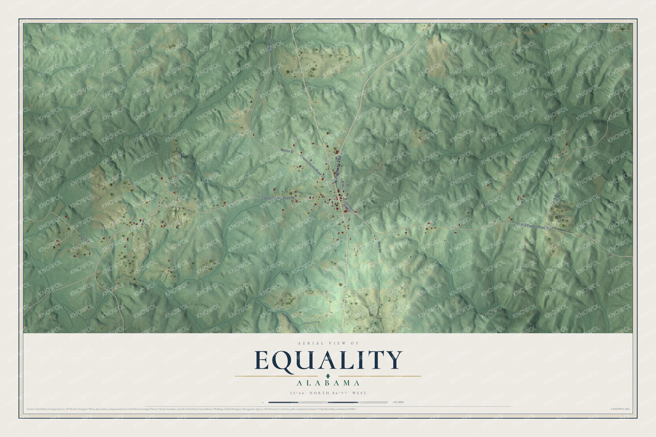 Full map of Equality, Alabama, with red buildings, printed street names and the land around them
