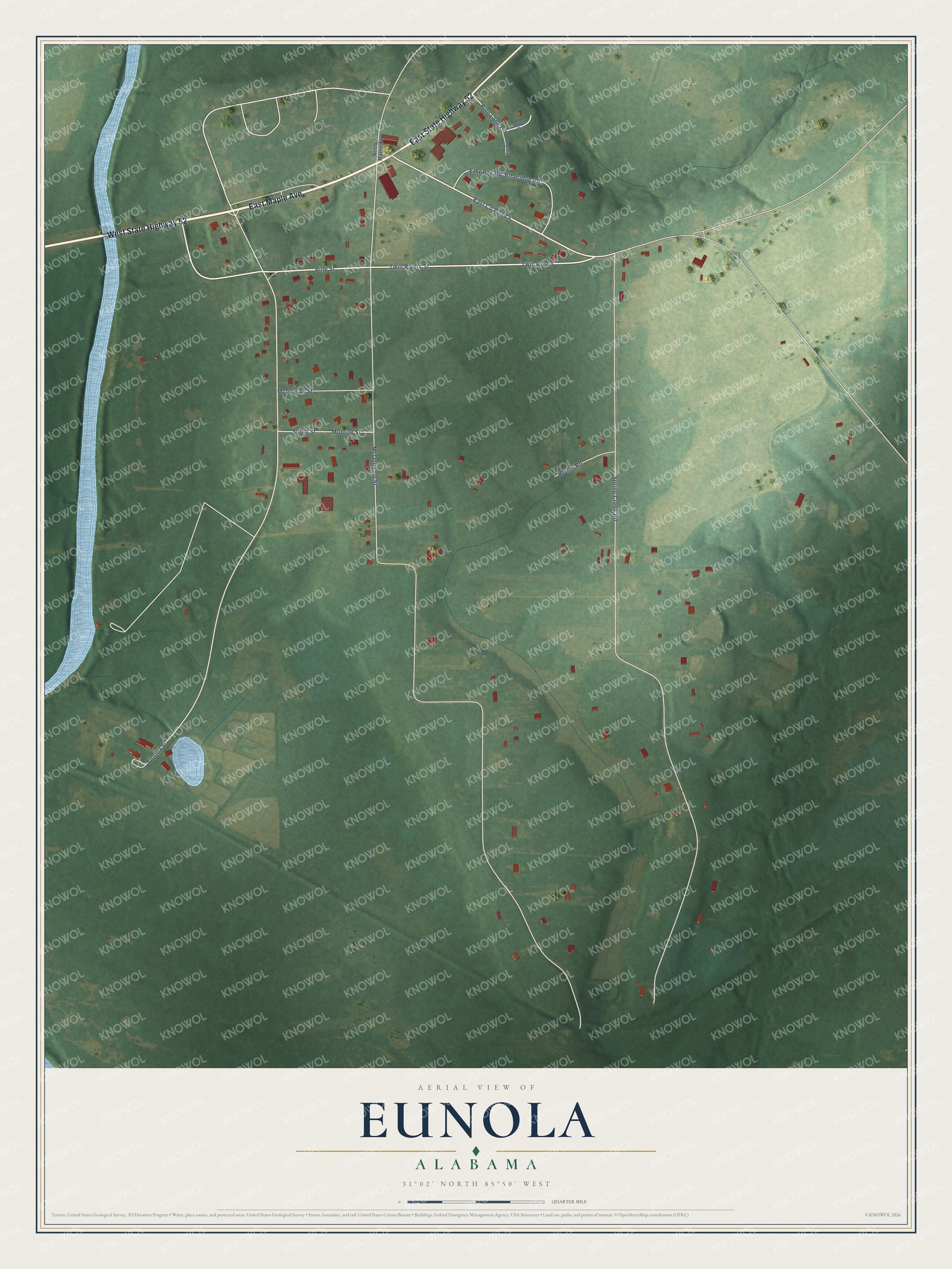 Full map of Eunola, Alabama, with red buildings, printed street names and the land around them