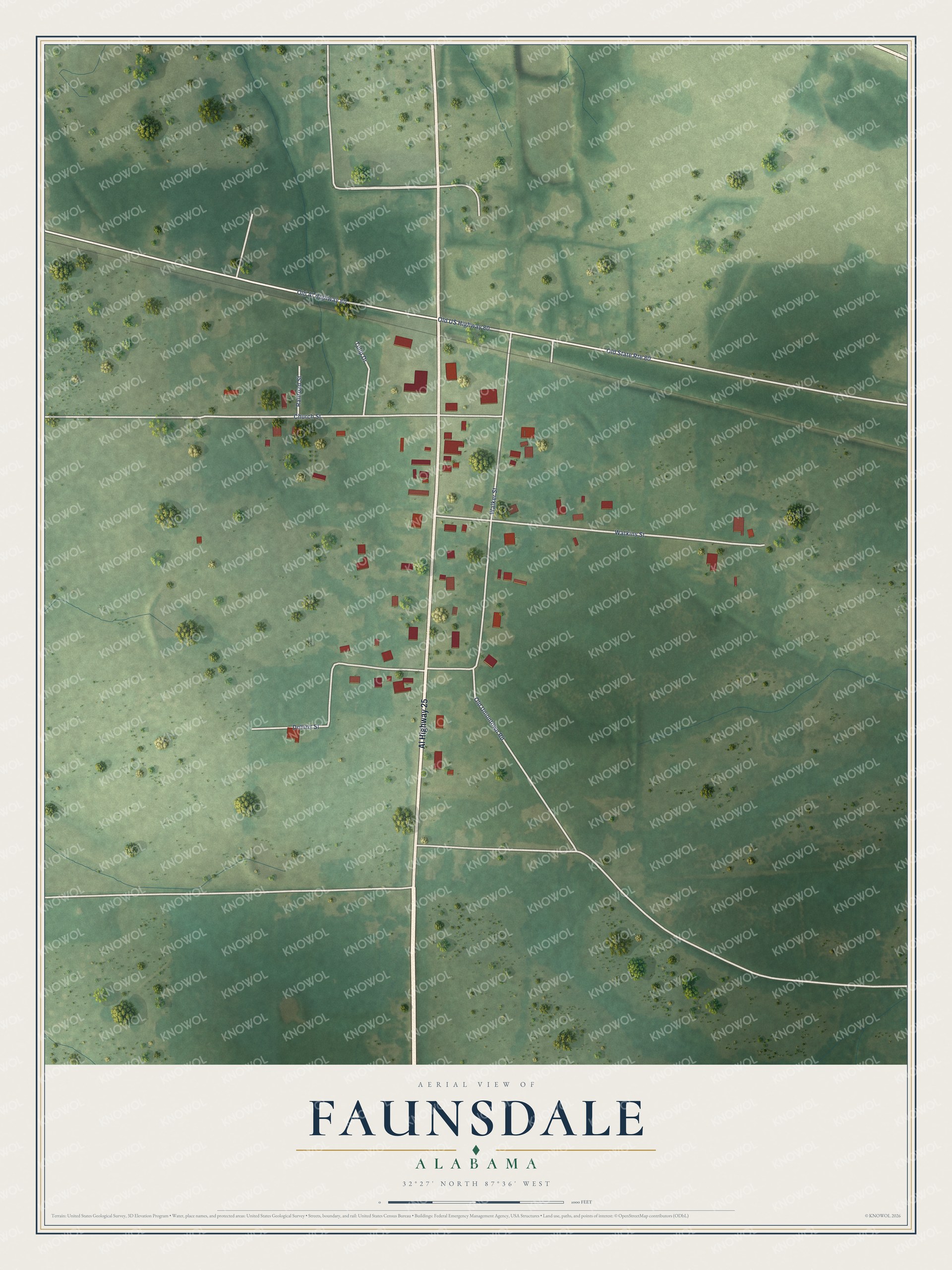 Full map of Faunsdale, Alabama, with red buildings, printed street names and the land around them