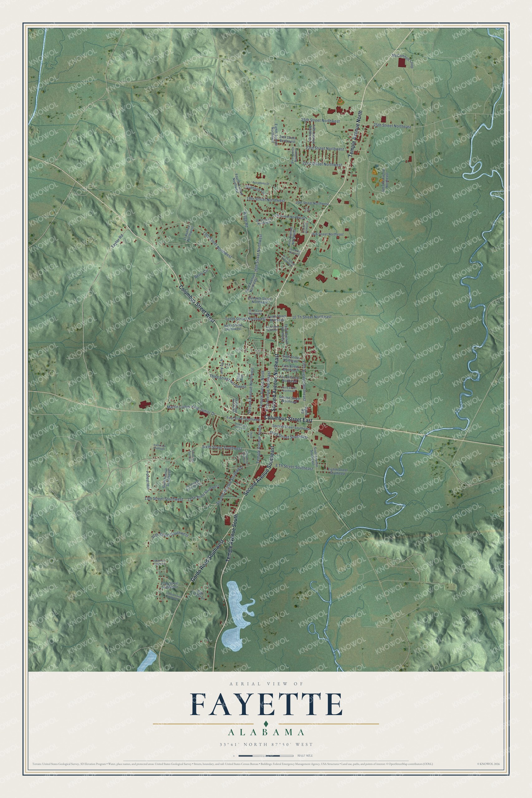 Full map of Fayette, Alabama, with red buildings, printed street names and the land around them