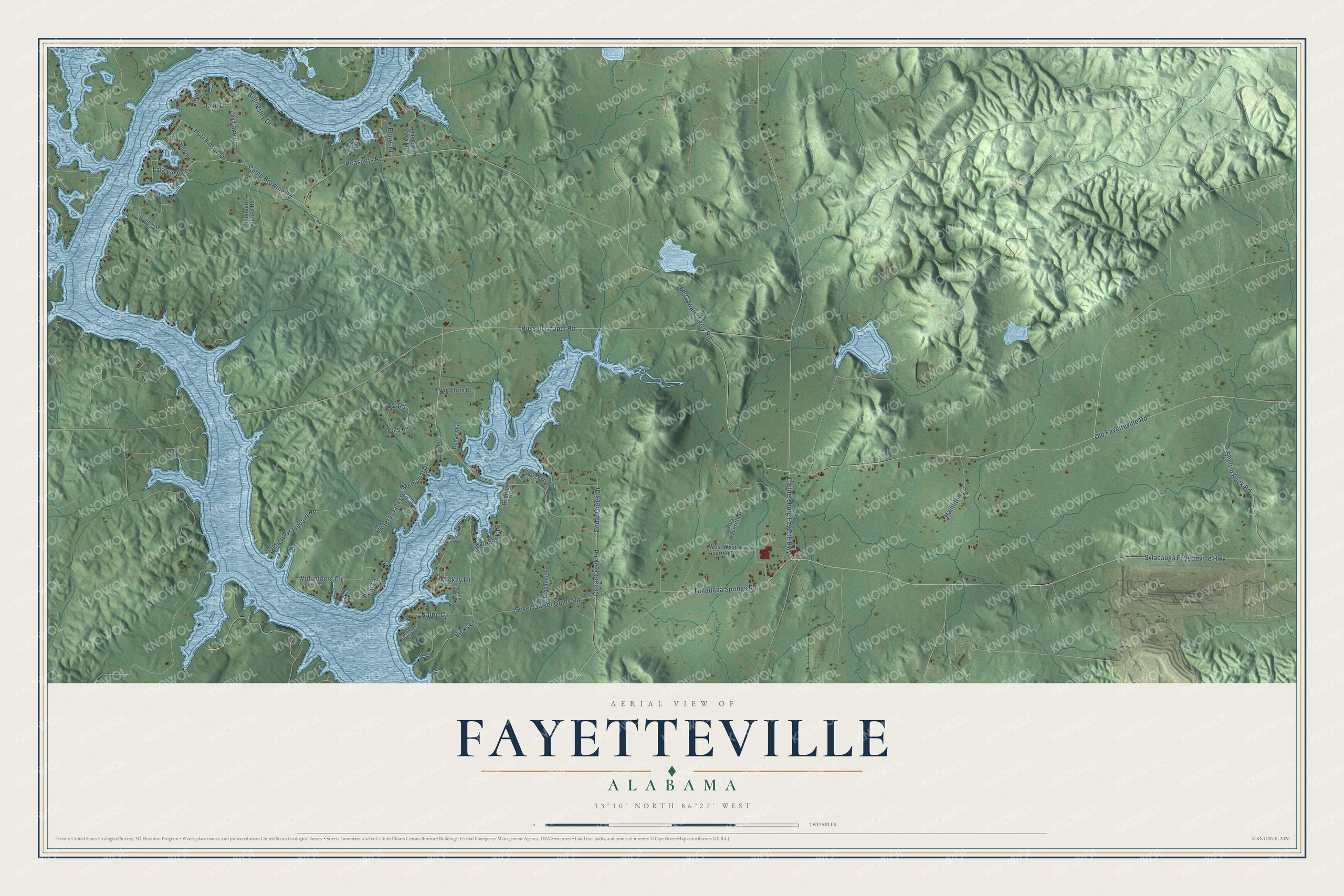 Full map of Fayetteville, Alabama, with red buildings, printed street names and the land around them