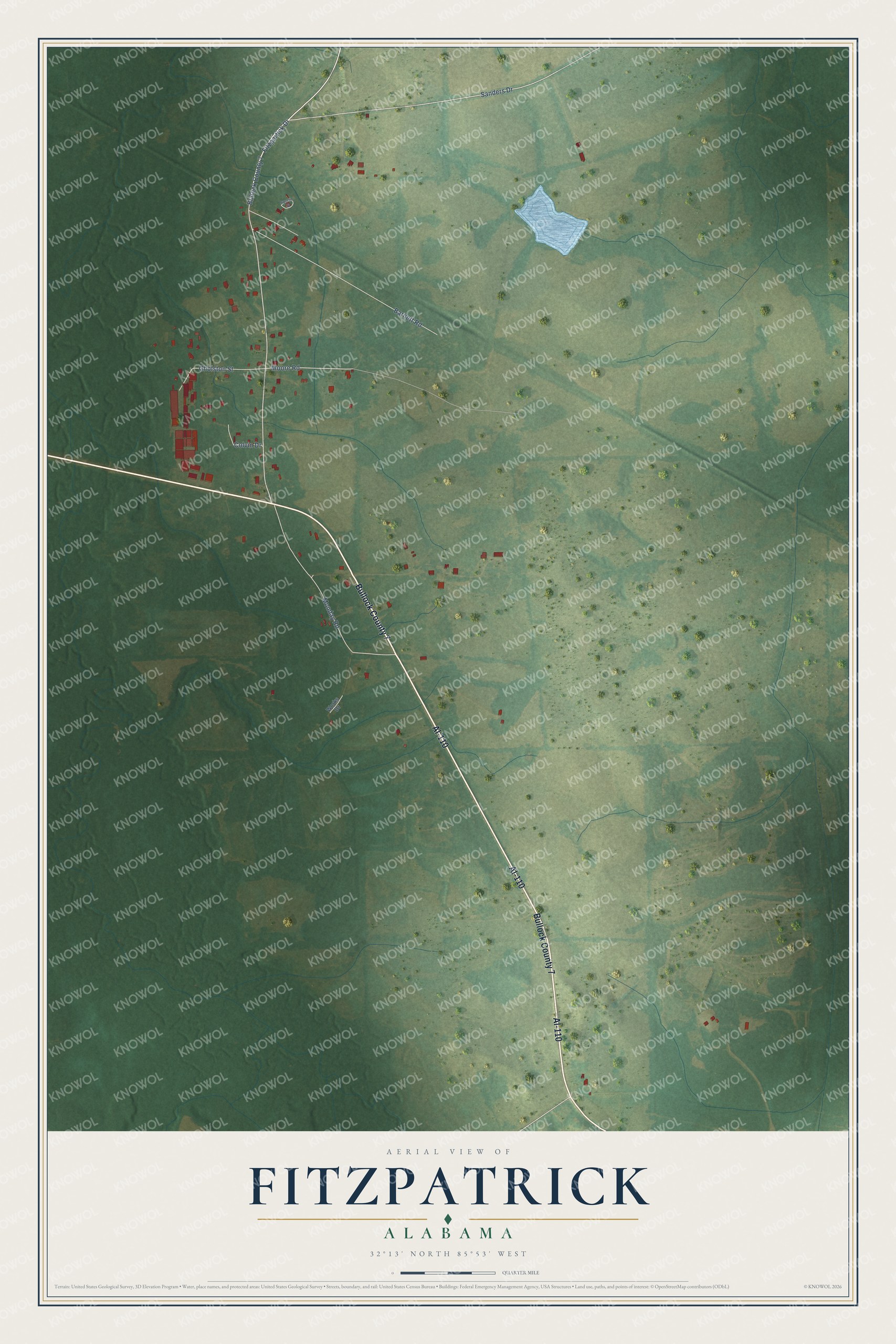 Full map of Fitzpatrick, Alabama, with red buildings, printed street names and the land around them