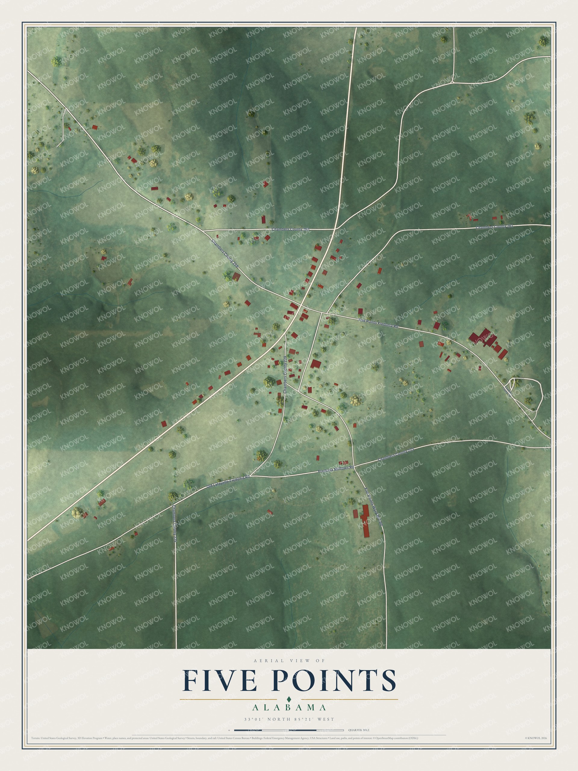 Full map of Five Points, Alabama, with red buildings, printed street names and the land around them
