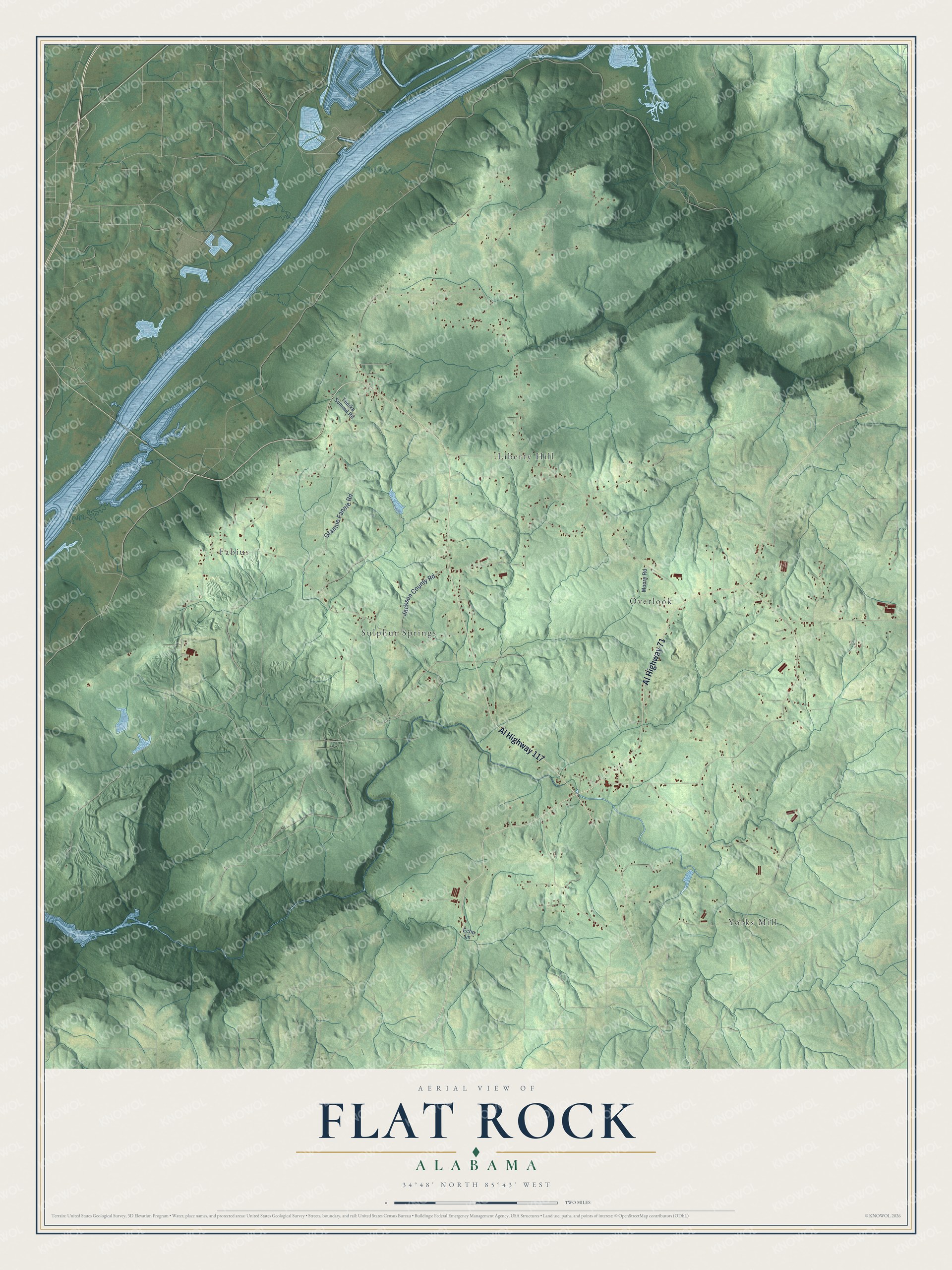 Full map of Flat Rock, Alabama, with red buildings, printed street names and the land around them