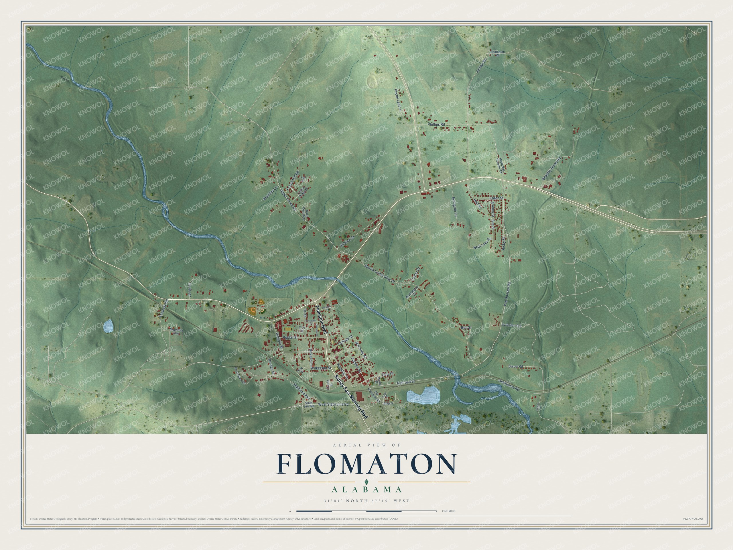 Full map of Flomaton, Alabama, with red buildings, printed street names and the land around them