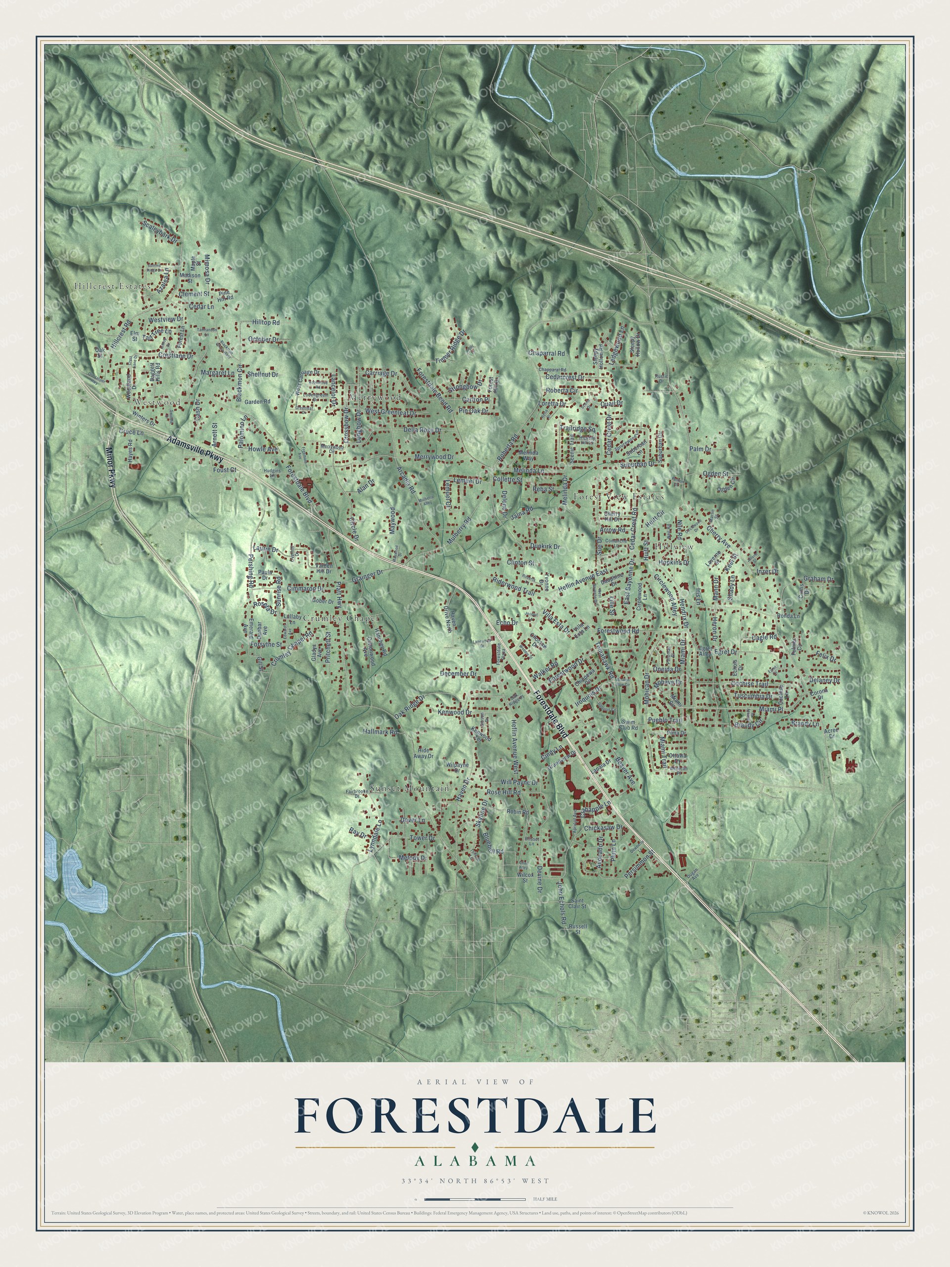 Full map of Forestdale, Alabama, with red buildings, printed street names and the land around them