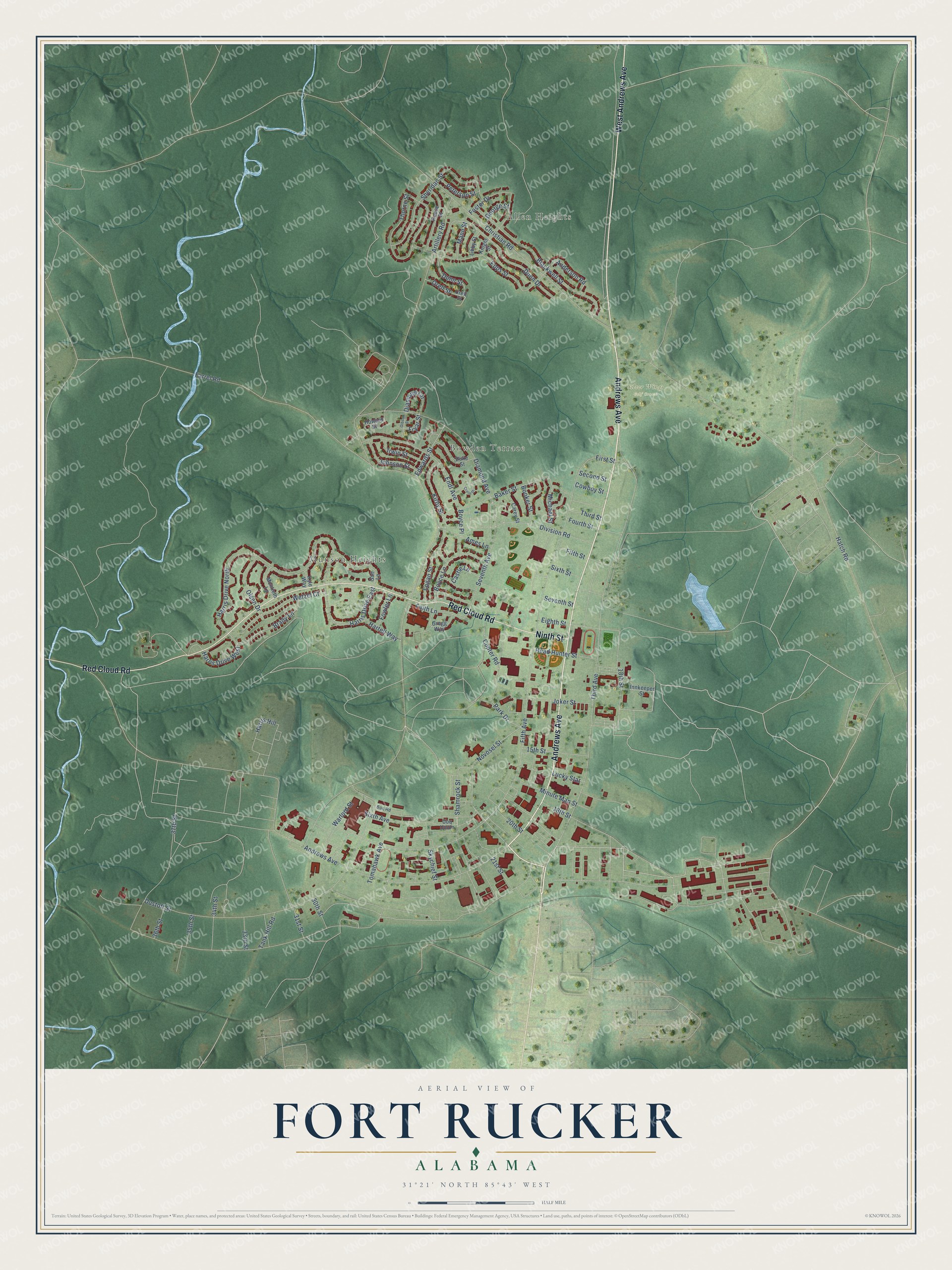 Full map of Fort Rucker, Alabama, with red buildings, printed street names and the land around them
