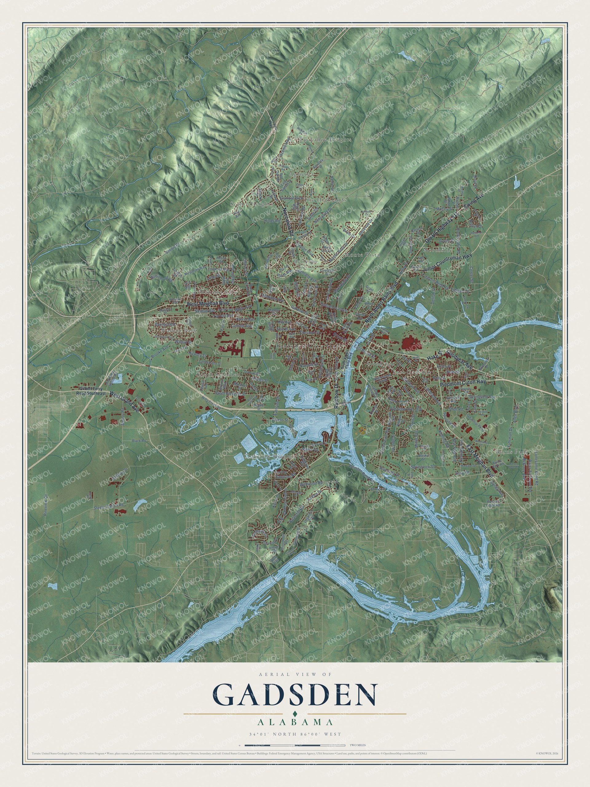 Watermarked full-map preview of Gadsden, Alabama