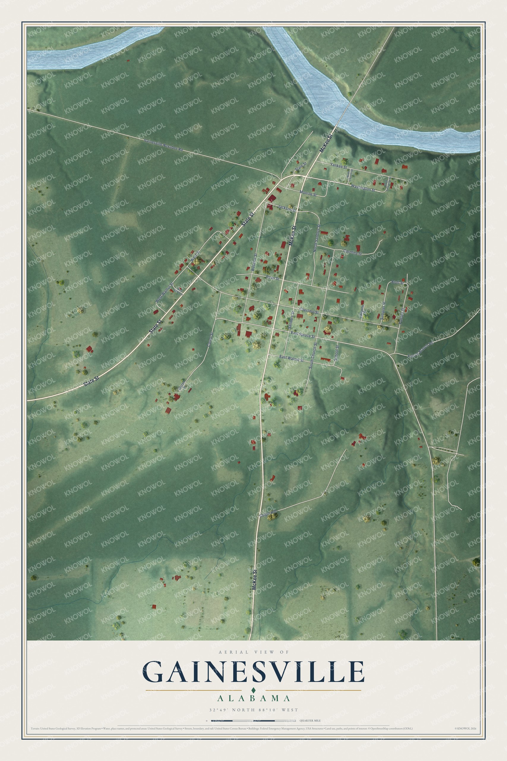Full map of Gainesville, Alabama, with red buildings, printed street names and the land around them